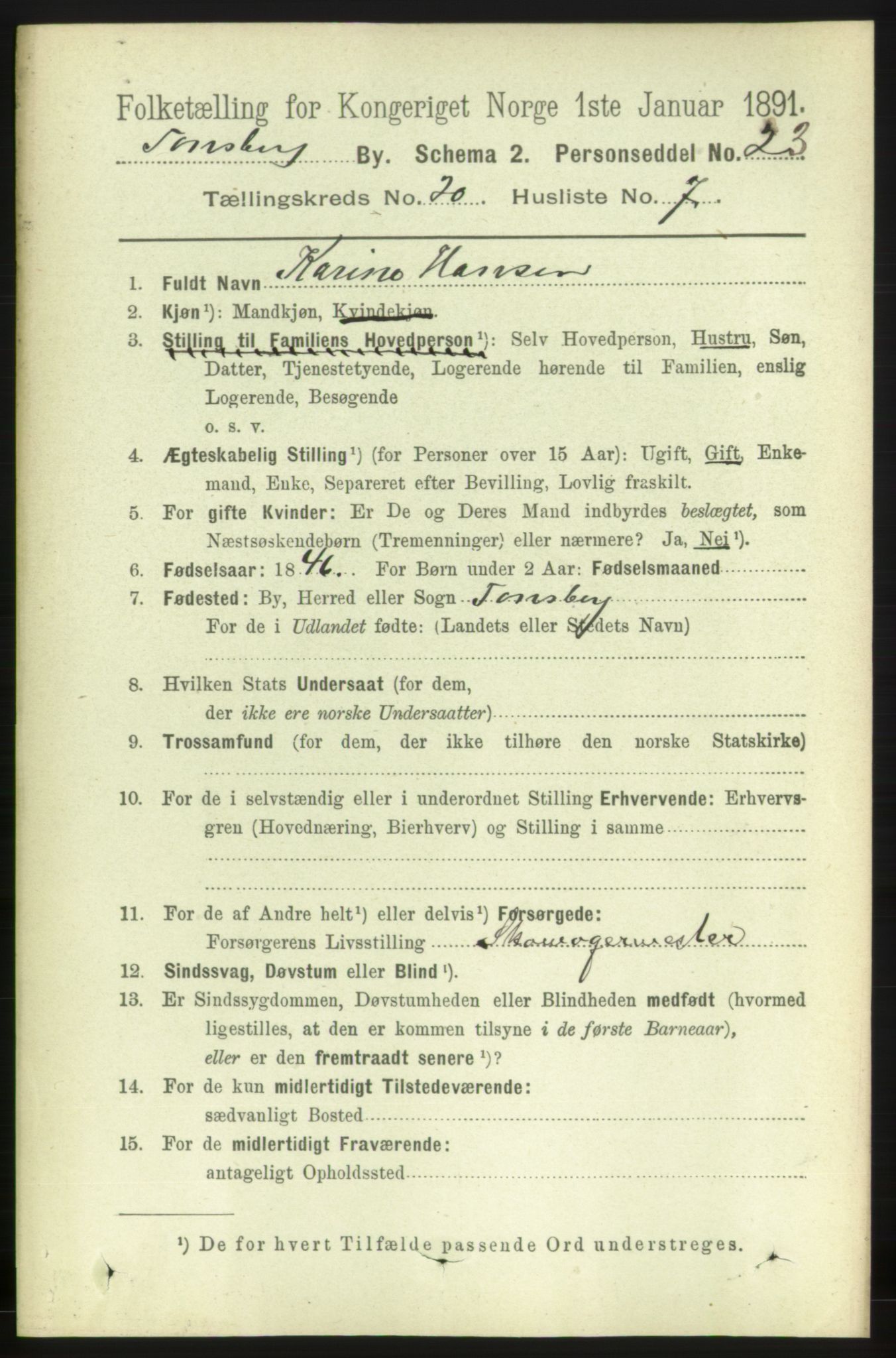 RA, 1891 census for 0705 Tønsberg, 1891, p. 5497