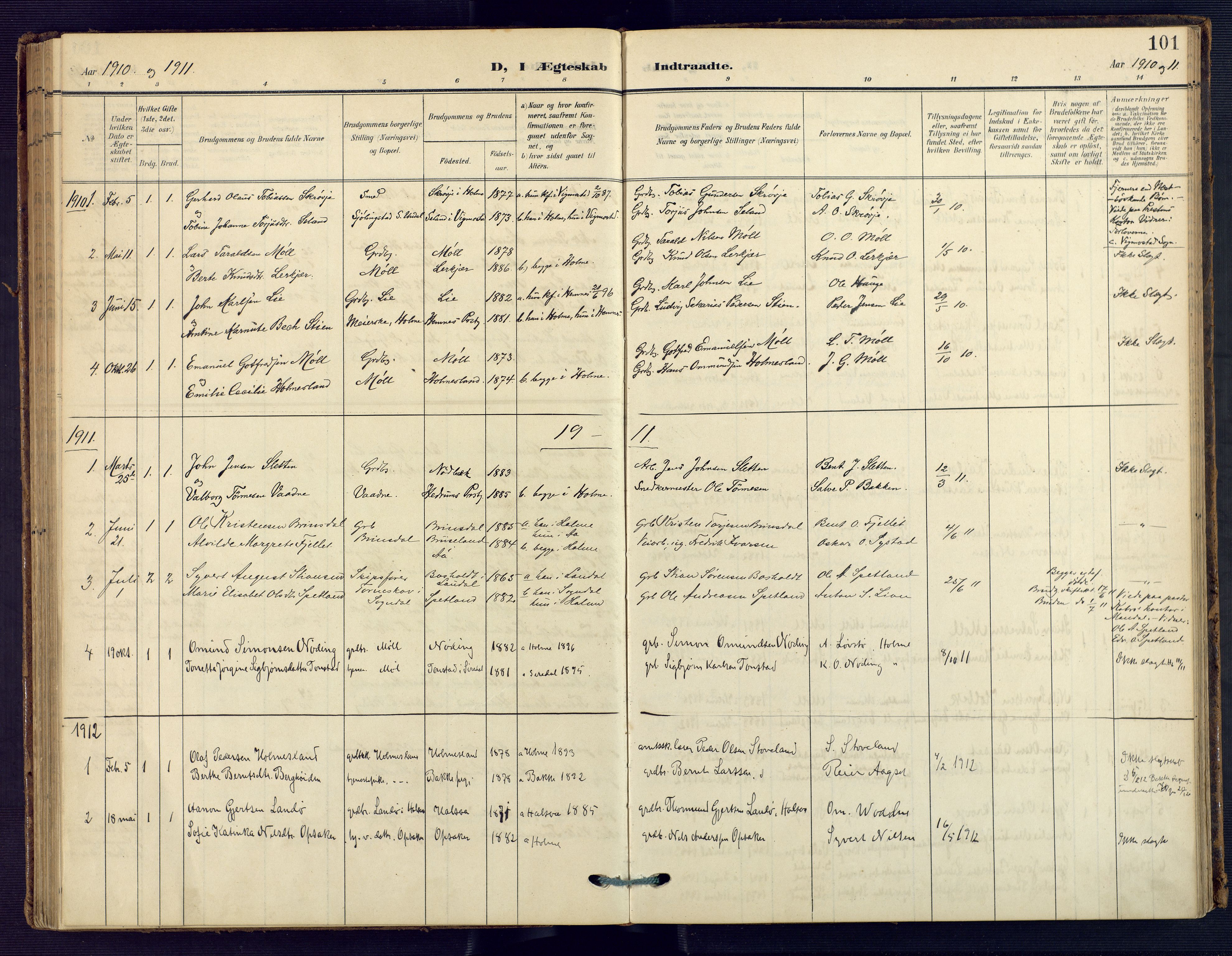 Holum sokneprestkontor, SAK/1111-0022/F/Fa/Faa/L0008: Parish register (official) no. A 8, 1908-1929, p. 101