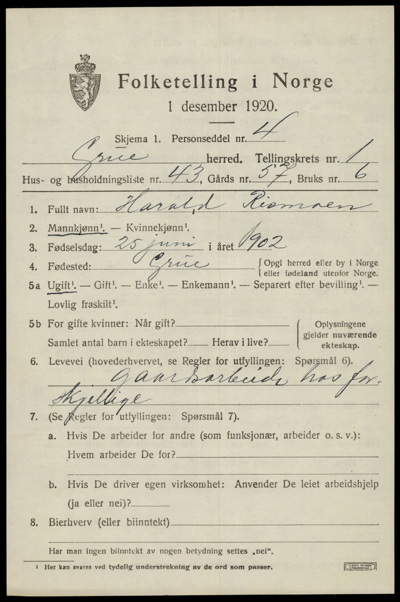 SAH, 1920 census for Grue, 1920, p. 2971