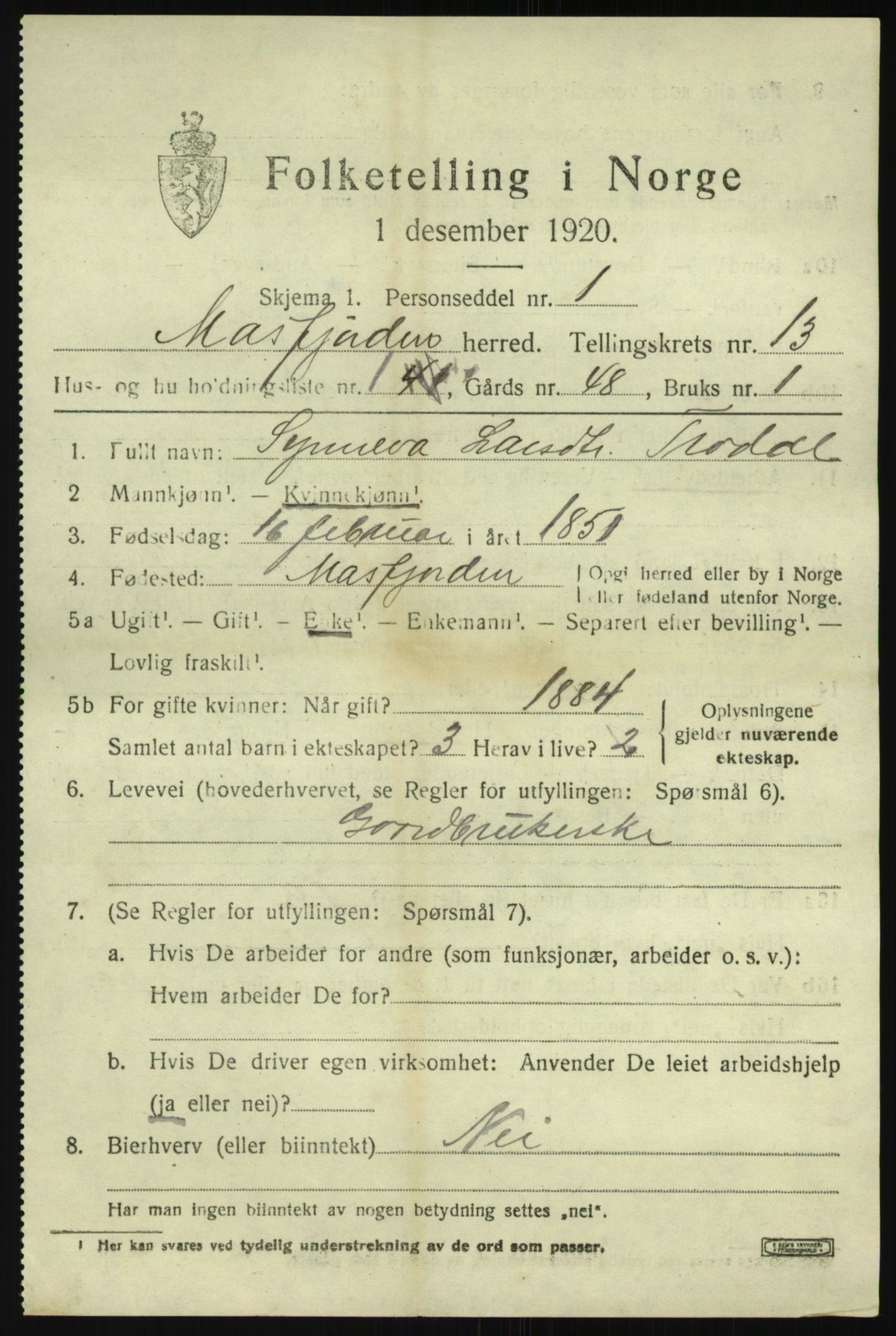 SAB, 1920 census for Masfjorden, 1920, p. 4771