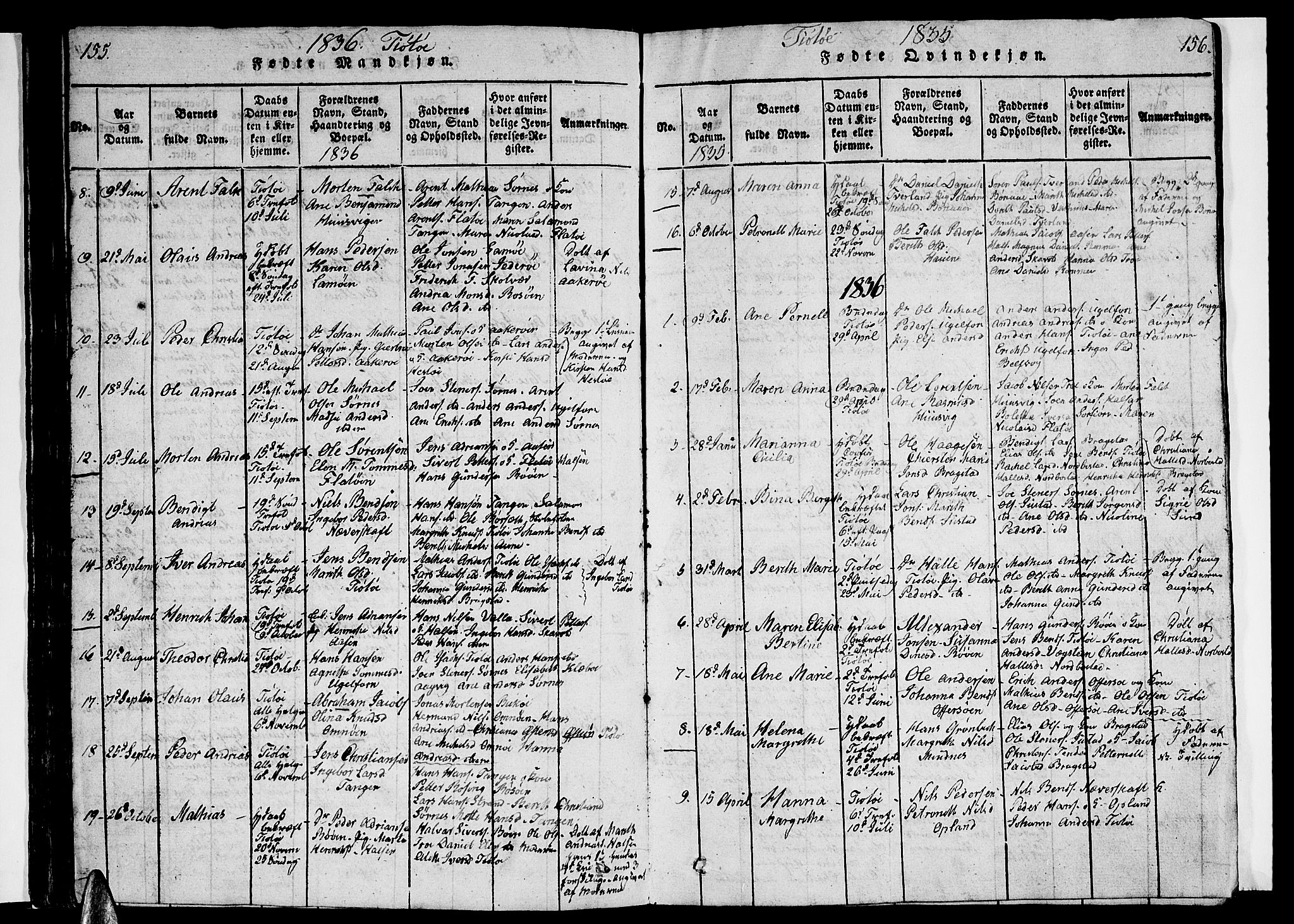 Ministerialprotokoller, klokkerbøker og fødselsregistre - Nordland, AV/SAT-A-1459/830/L0458: Parish register (copy) no. 830C01 /2, 1829-1840, p. 155-156