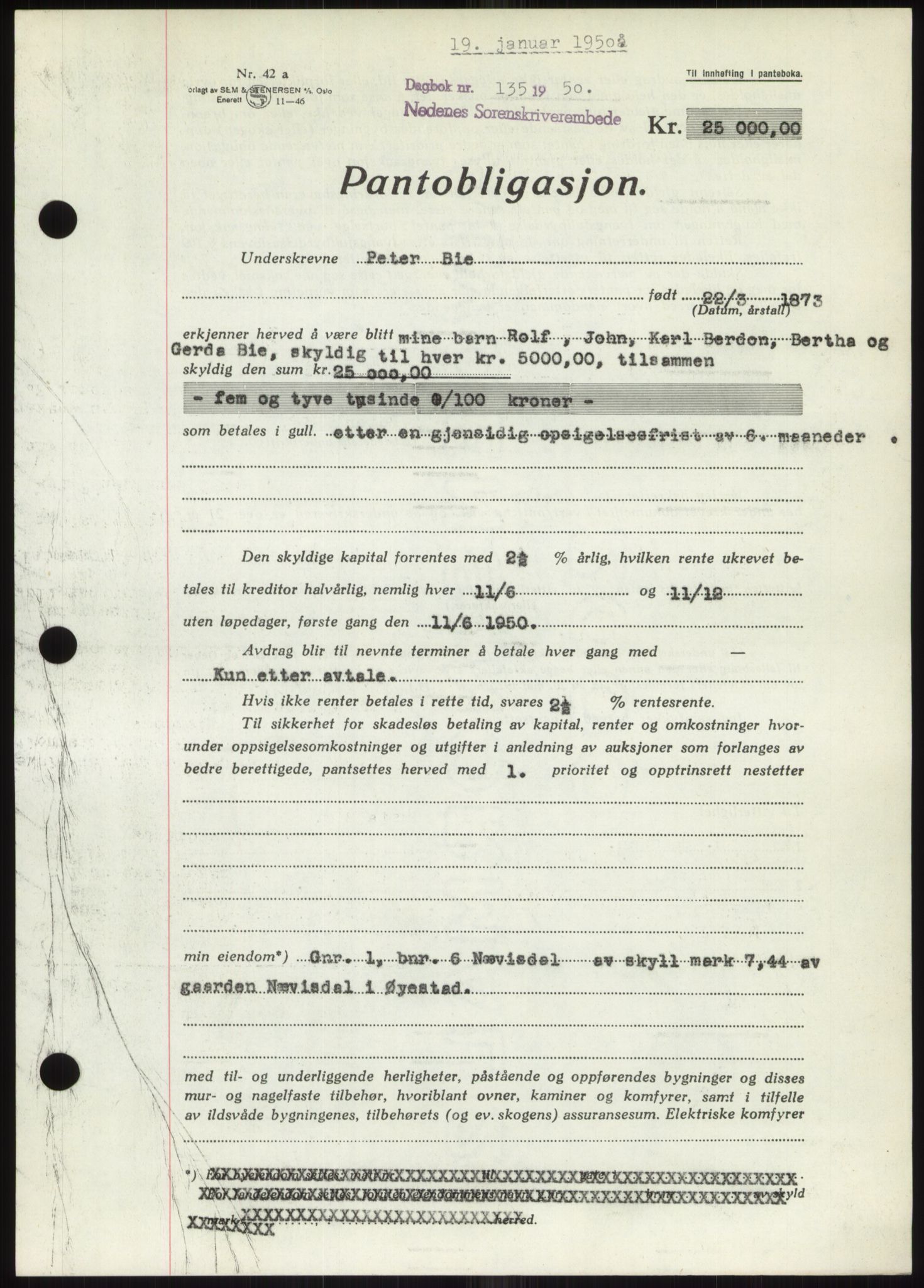 Nedenes sorenskriveri, AV/SAK-1221-0006/G/Gb/Gbb/L0007: Mortgage book no. B7, 1949-1950, Diary no: : 135/1950