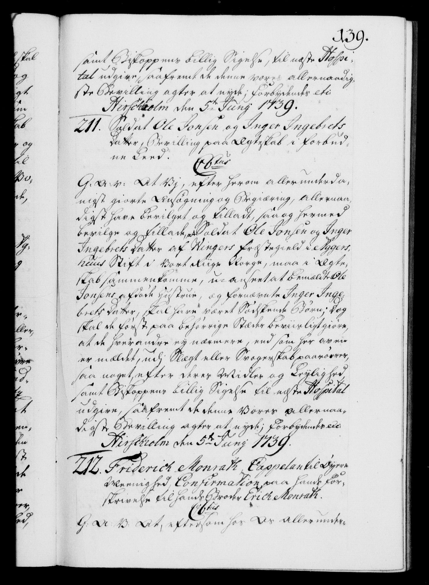 Danske Kanselli 1572-1799, AV/RA-EA-3023/F/Fc/Fca/Fcaa/L0031: Norske registre, 1739-1740, p. 139a