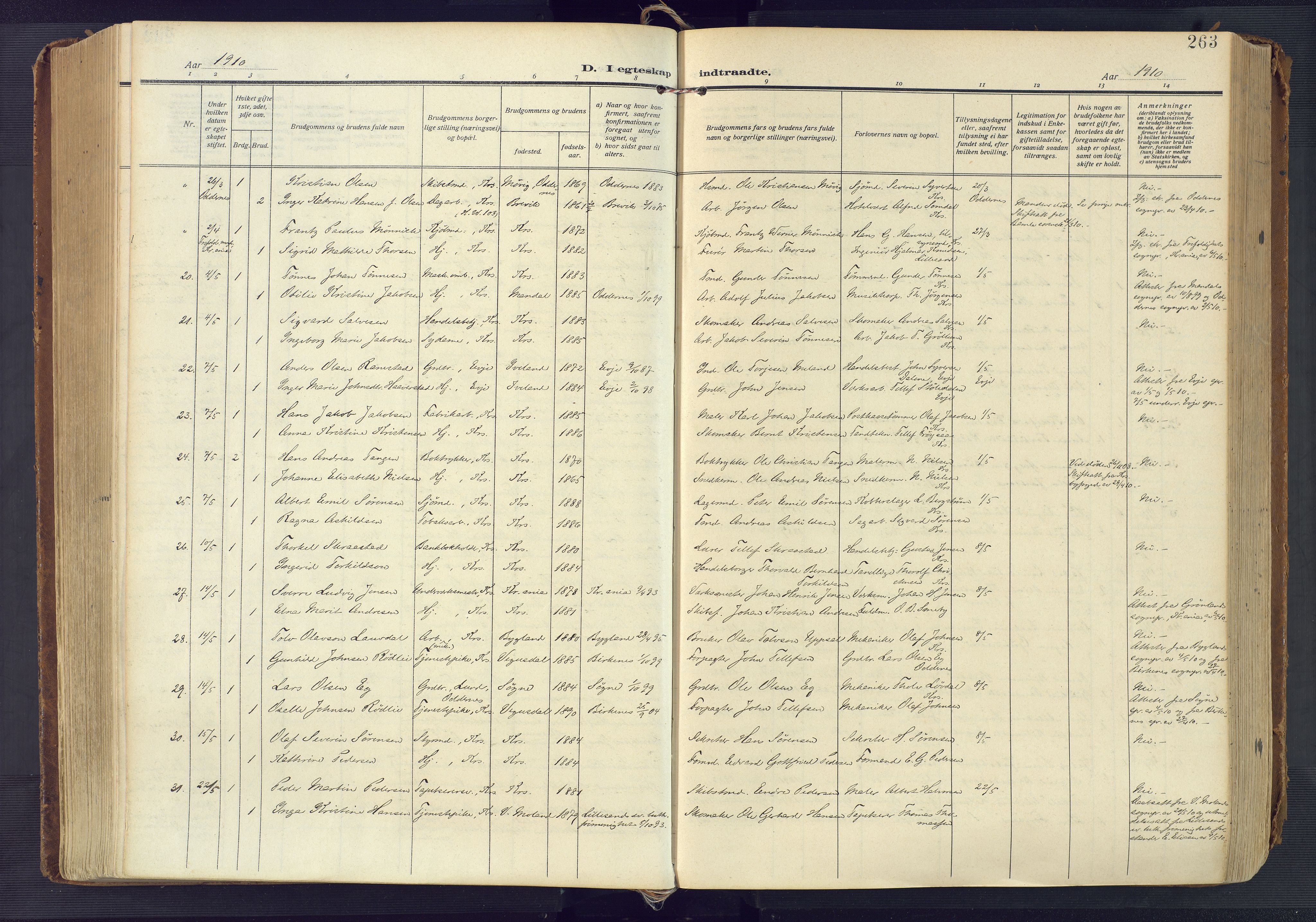 Kristiansand domprosti, AV/SAK-1112-0006/F/Fa/L0023: Parish register (official) no. A 22, 1909-1917, p. 263