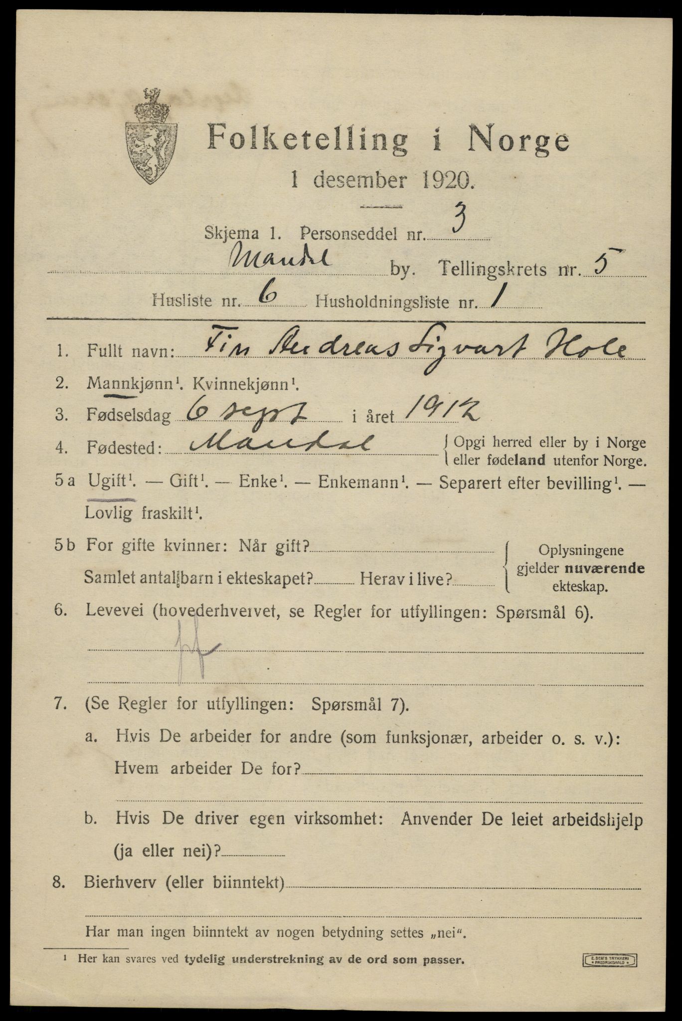 SAK, 1920 census for Mandal, 1920, p. 8257