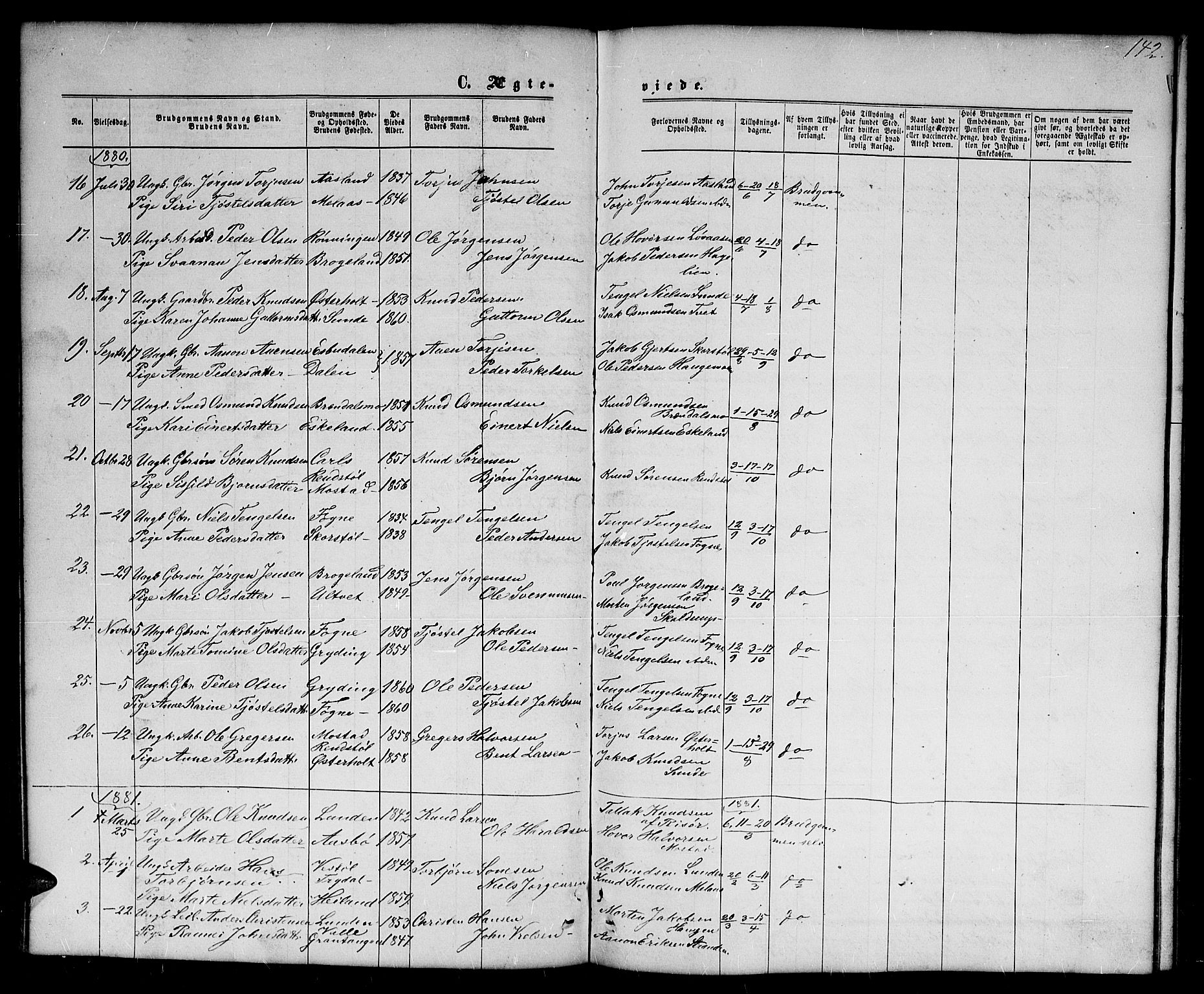 Gjerstad sokneprestkontor, SAK/1111-0014/F/Fb/Fba/L0006: Parish register (copy) no. B 6, 1868-1890, p. 142