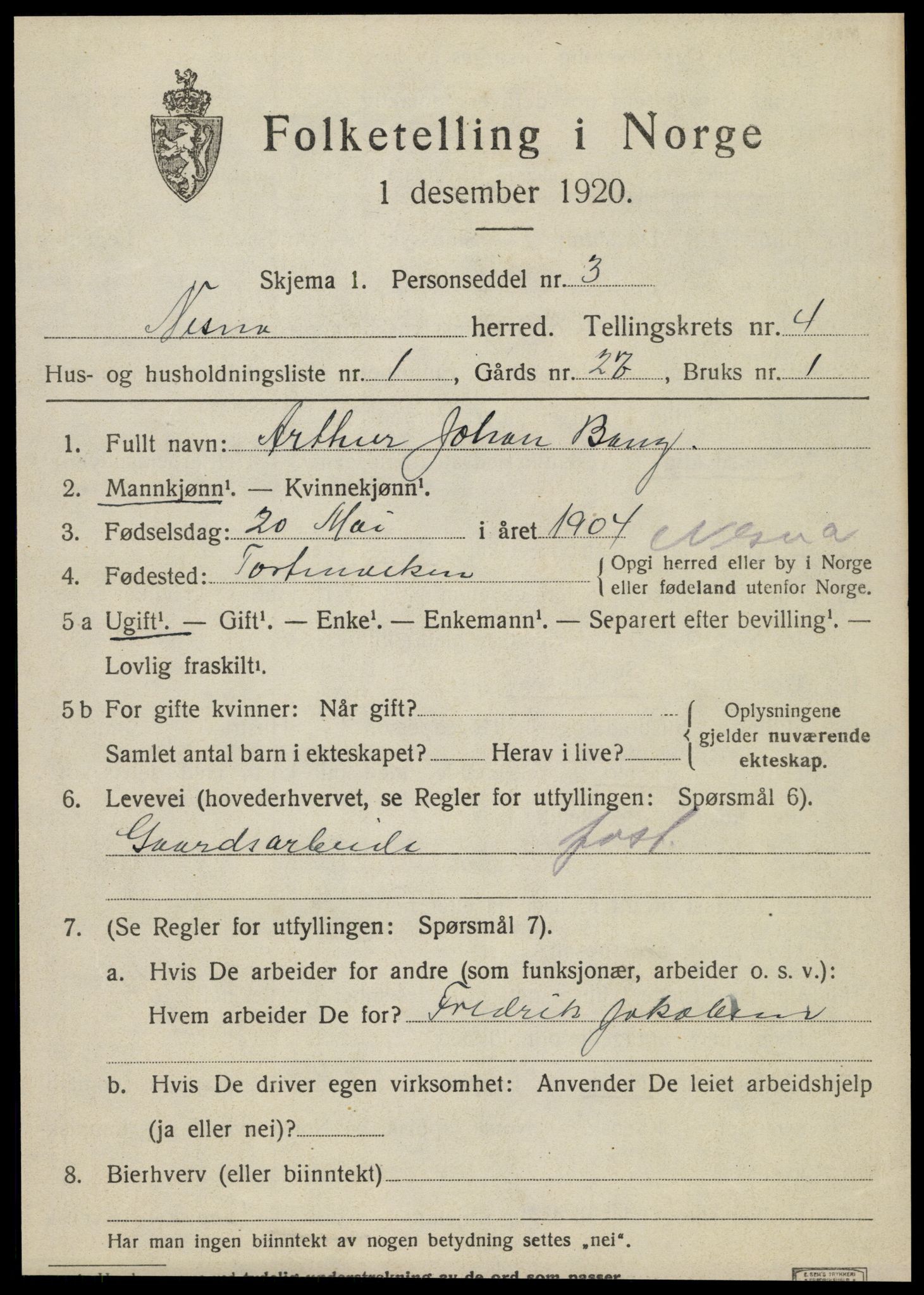 SAT, 1920 census for Nesna, 1920, p. 3245