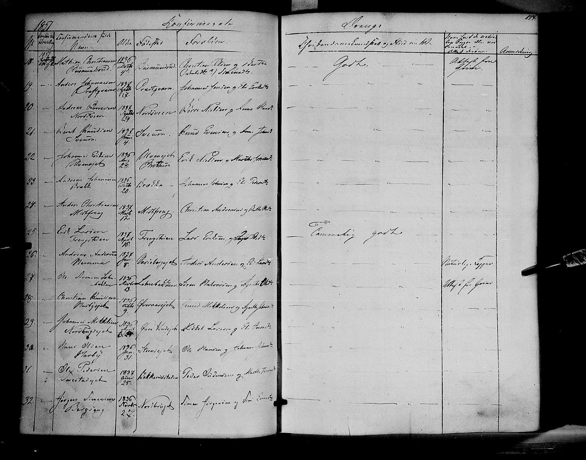 Ringsaker prestekontor, SAH/PREST-014/K/Ka/L0009: Parish register (official) no. 9, 1850-1860, p. 174