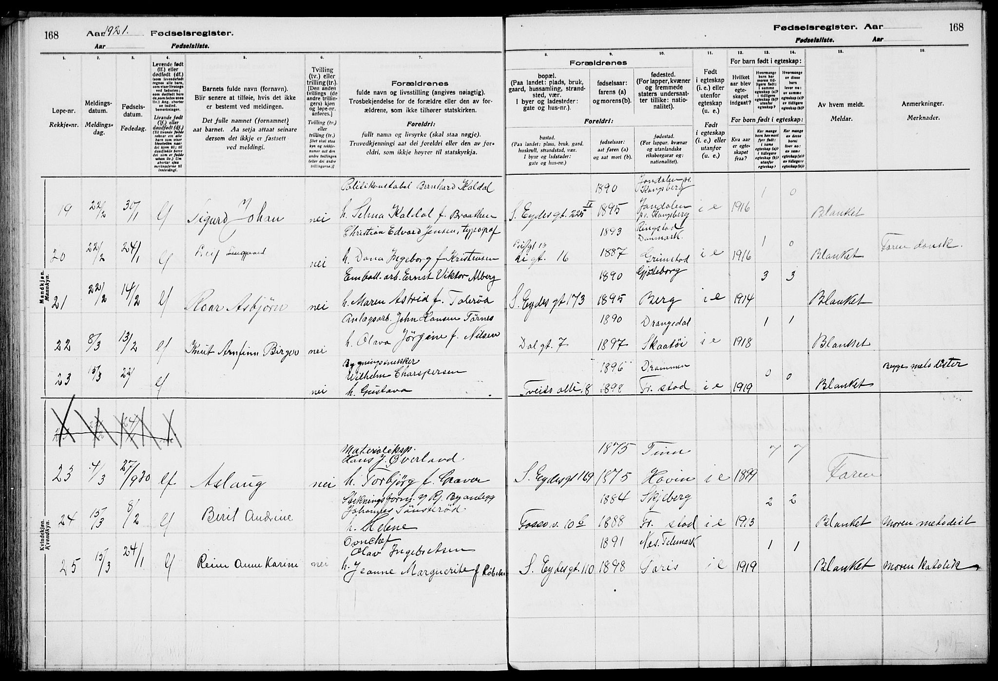 Rjukan kirkebøker, AV/SAKO-A-294/J/Ja/L0001: Birth register no. 1, 1916-1922, p. 168