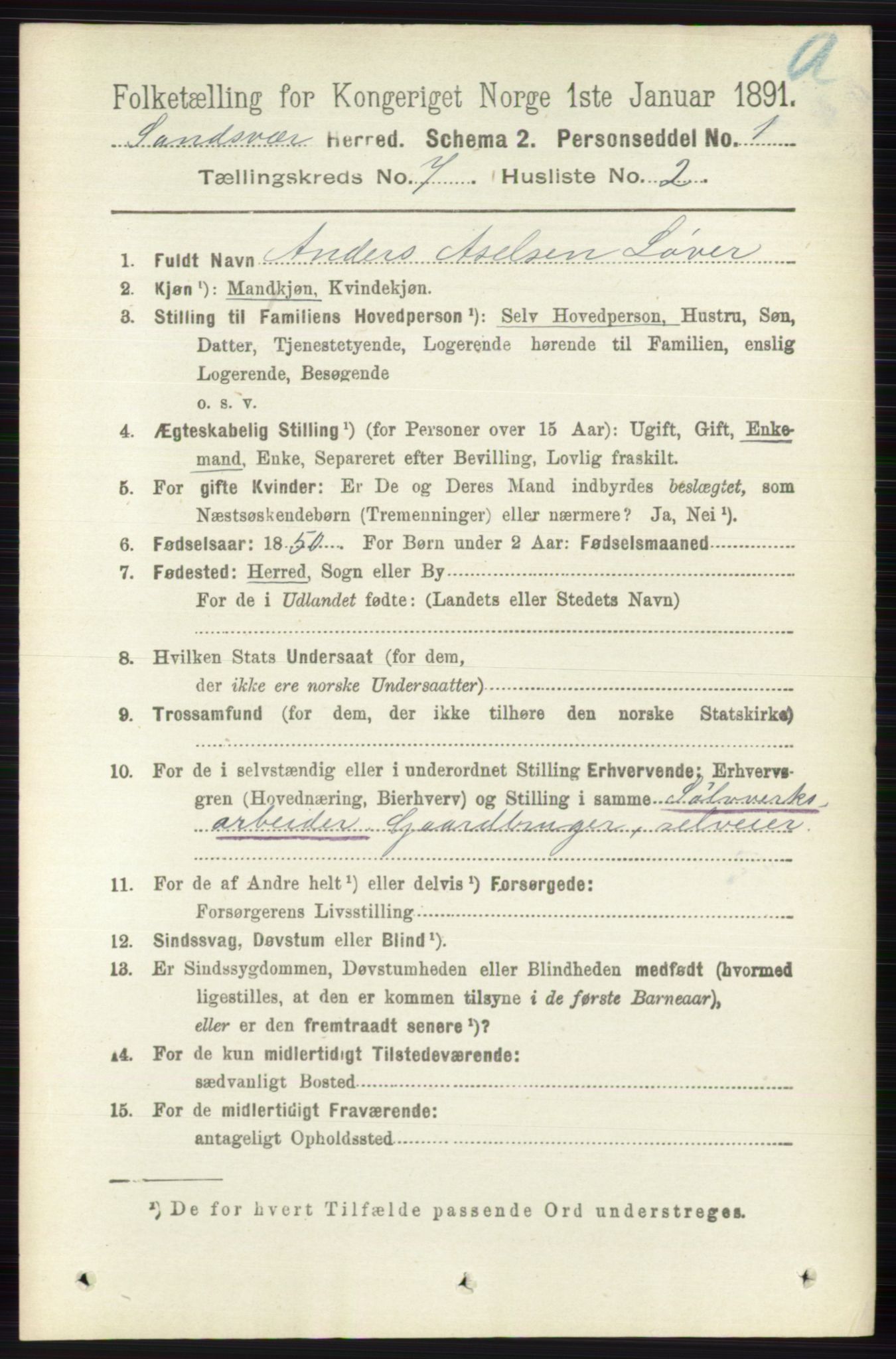 RA, 1891 census for 0629 Sandsvær, 1891, p. 3988