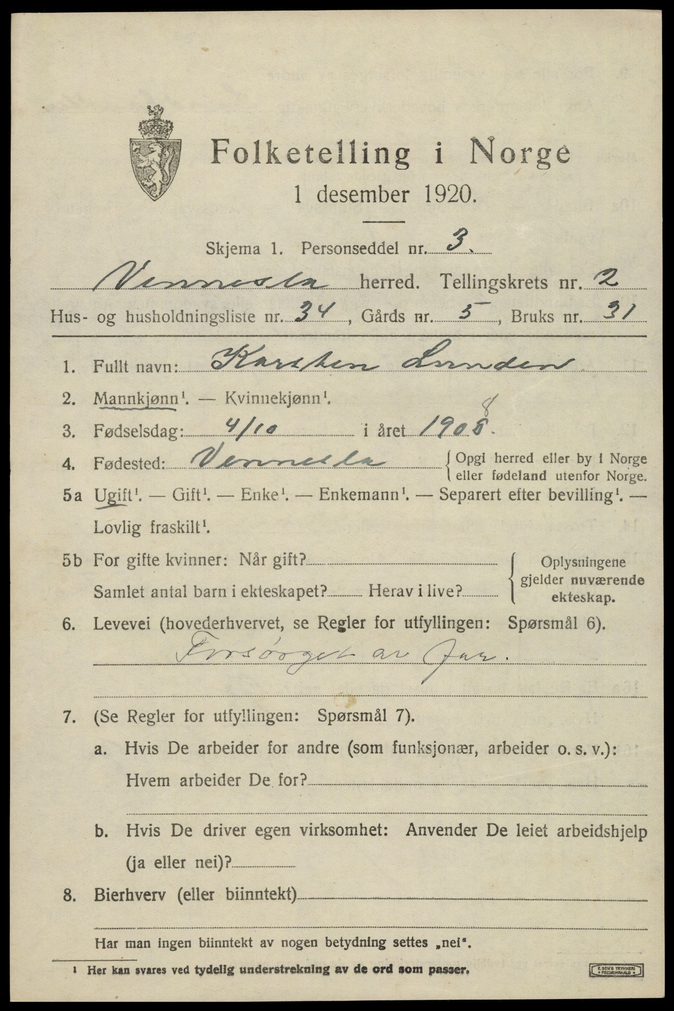 SAK, 1920 census for Vennesla, 1920, p. 1934