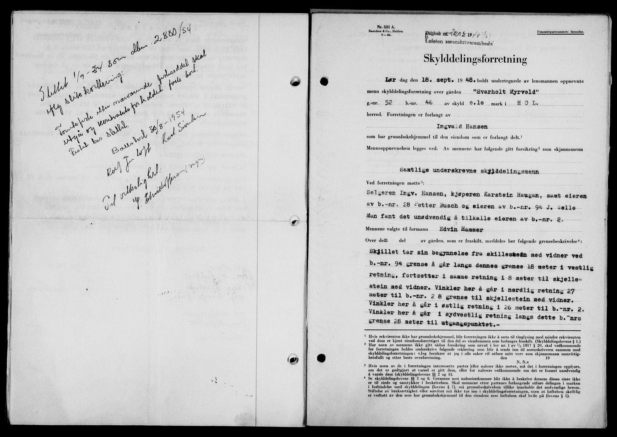 Lofoten sorenskriveri, SAT/A-0017/1/2/2C/L0019a: Mortgage book no. 19a, 1948-1948, Diary no: : 2232/1948