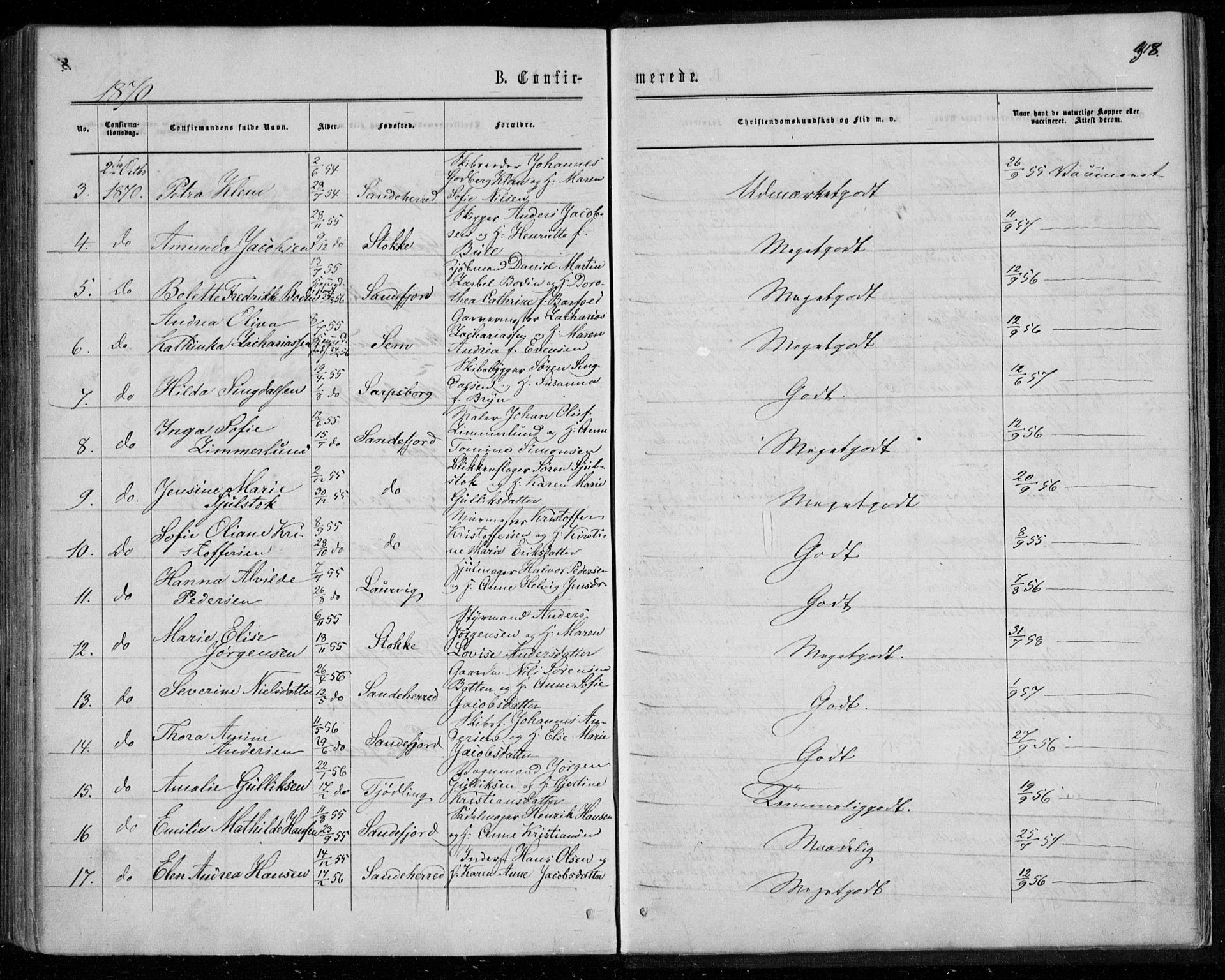 Sandar kirkebøker, SAKO/A-243/F/Fa/L0008: Parish register (official) no. 8, 1862-1871, p. 318