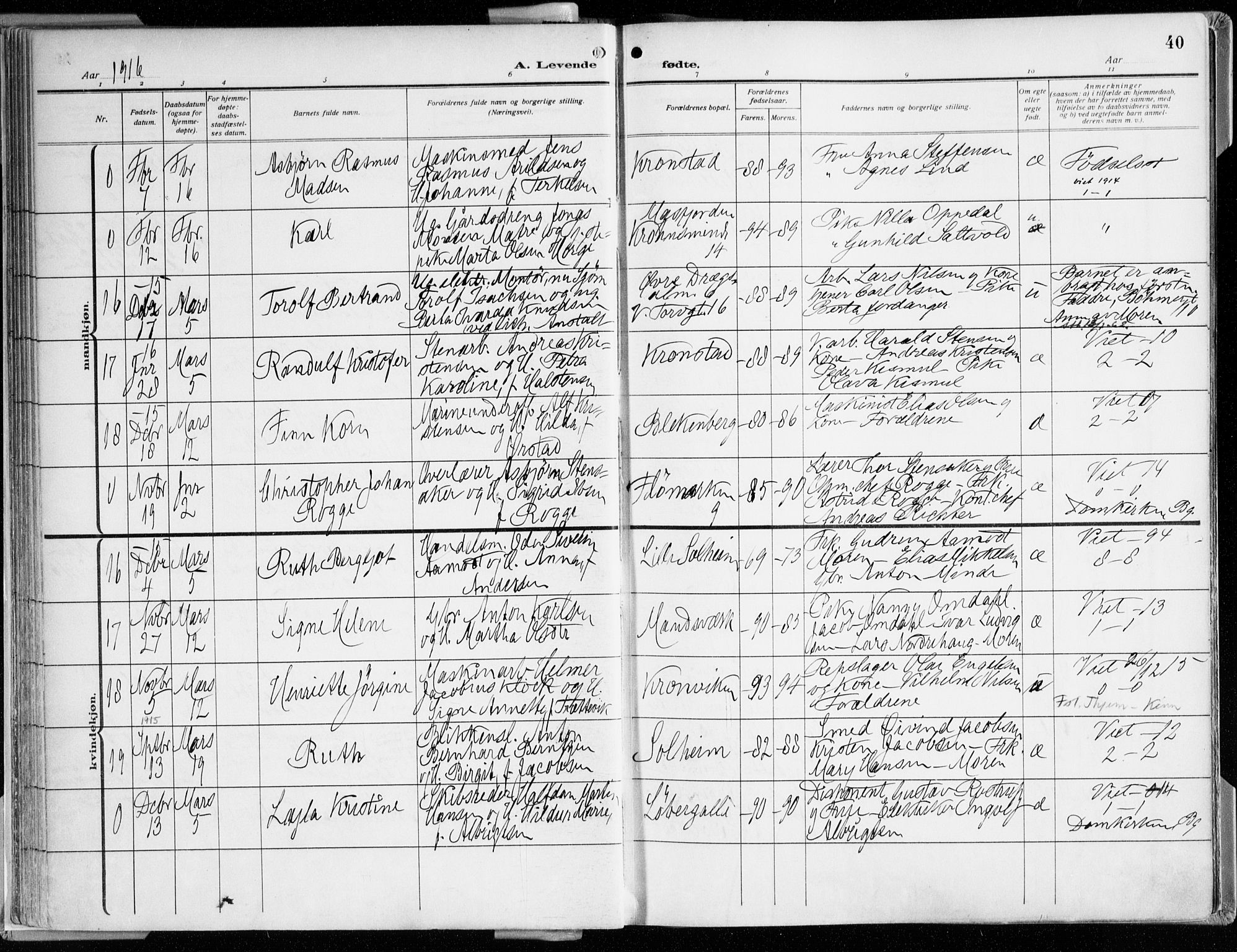 Årstad Sokneprestembete, AV/SAB-A-79301/H/Haa/L0003: Parish register (official) no. A 3, 1914-1919, p. 40