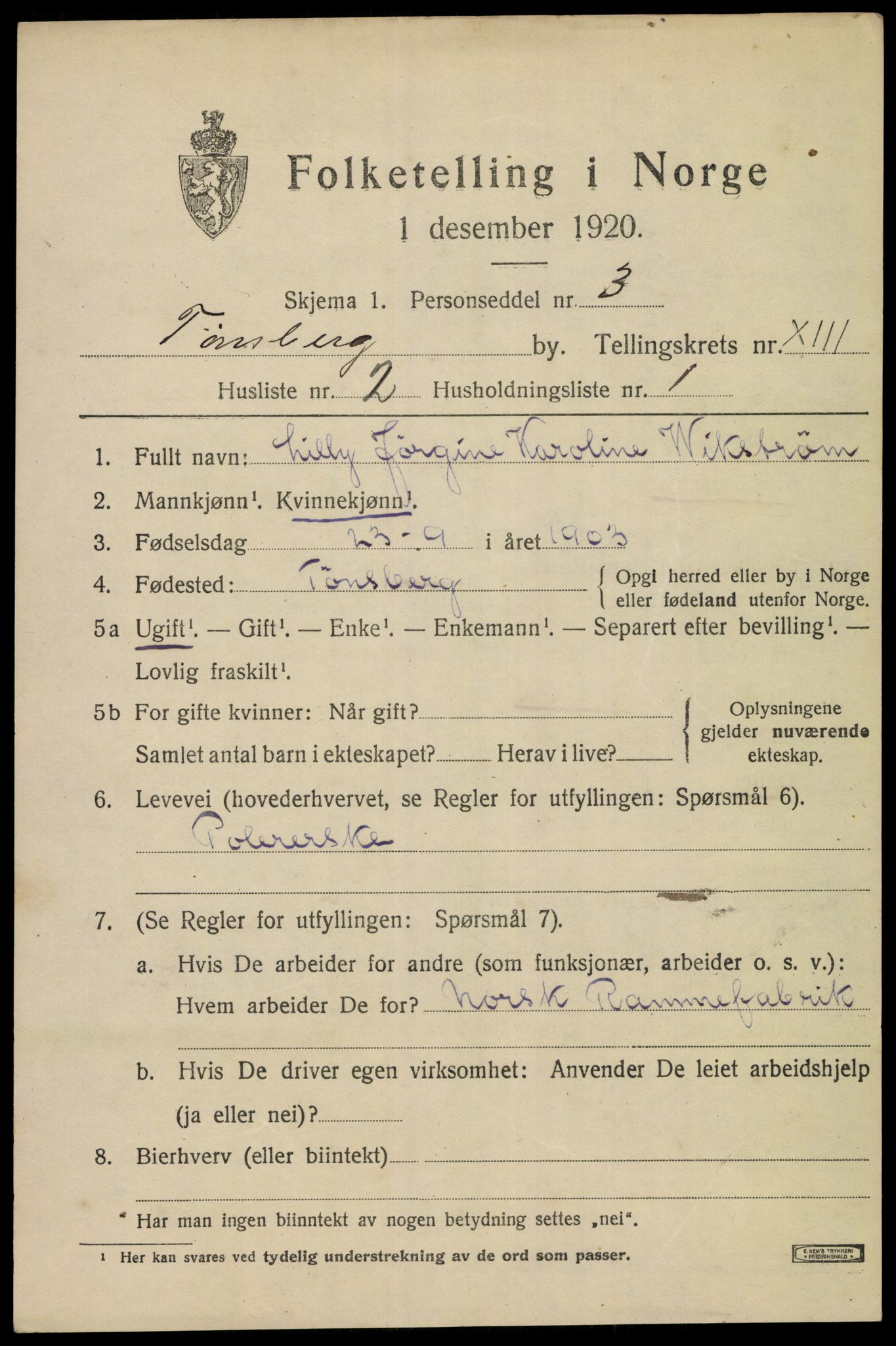 SAKO, 1920 census for Tønsberg, 1920, p. 21257