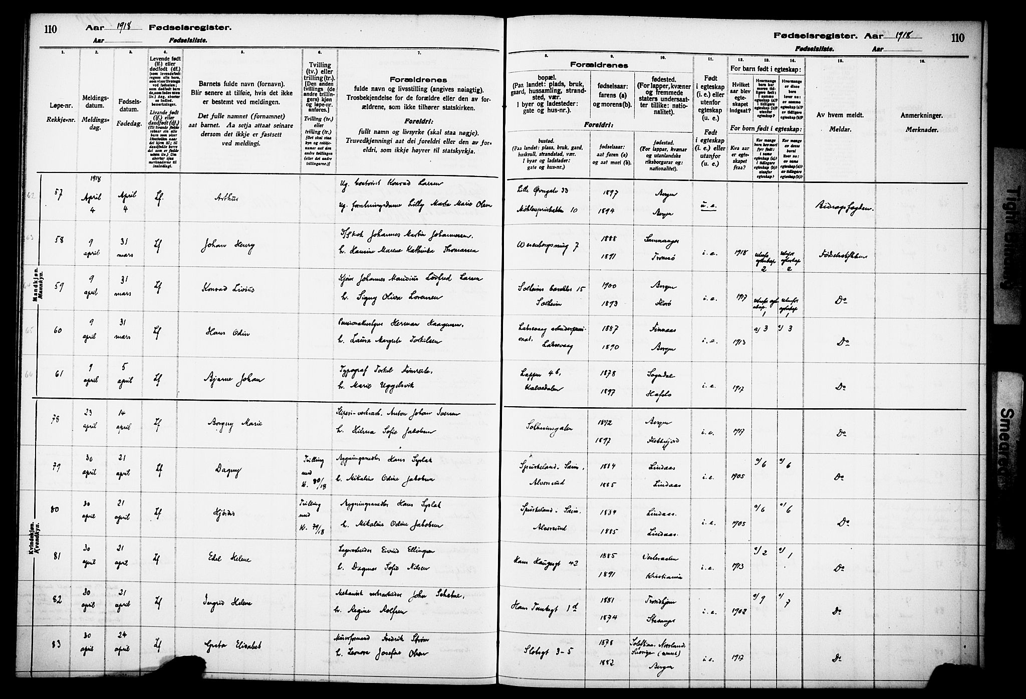 Kvinneklinikken, SAB/A-76301/F/L0A01: Birth register no. A 1, 1916-1920, p. 110