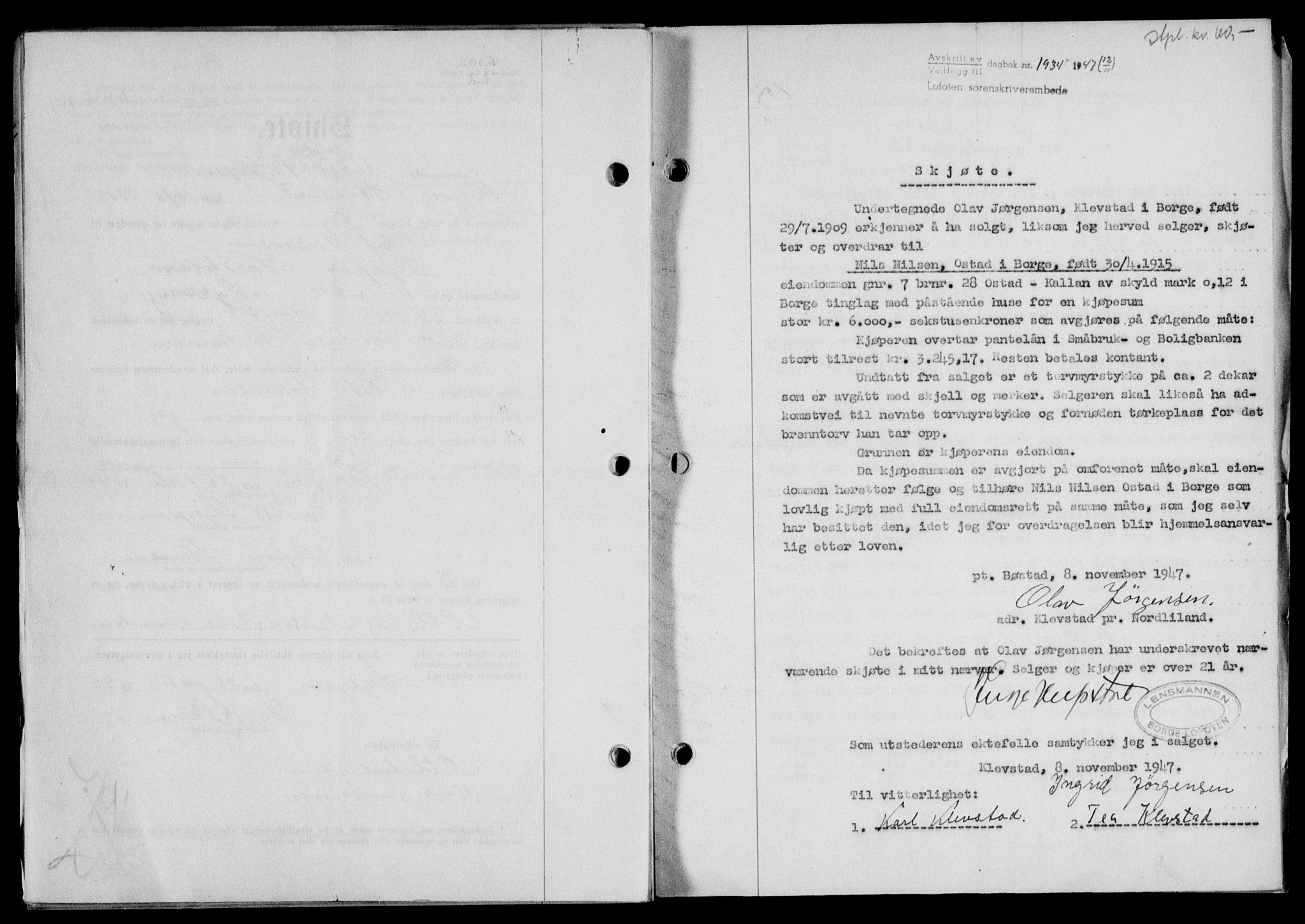 Lofoten sorenskriveri, SAT/A-0017/1/2/2C/L0017a: Mortgage book no. 17a, 1947-1948, Diary no: : 1934/1947