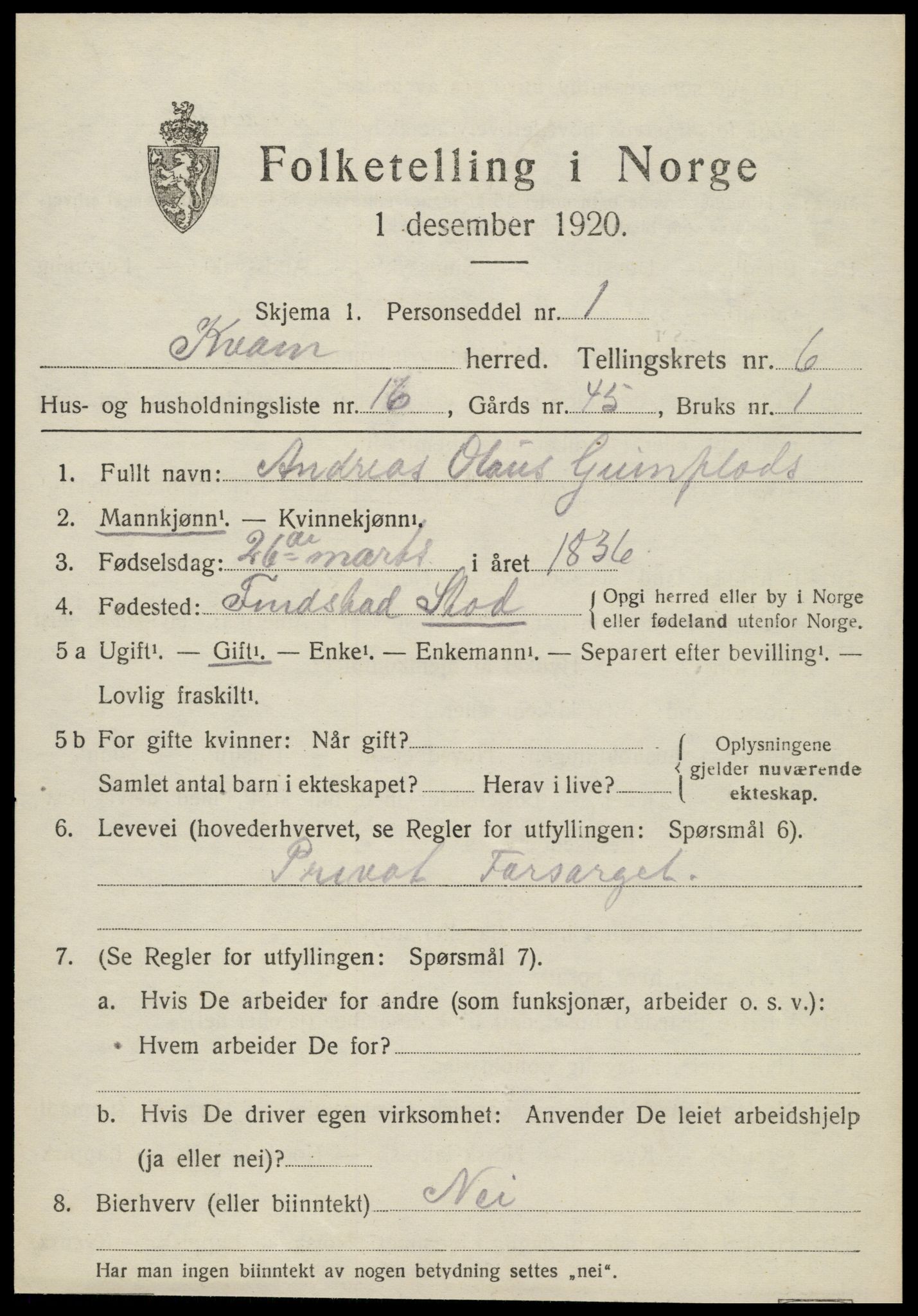 SAT, 1920 census for Kvam, 1920, p. 1797