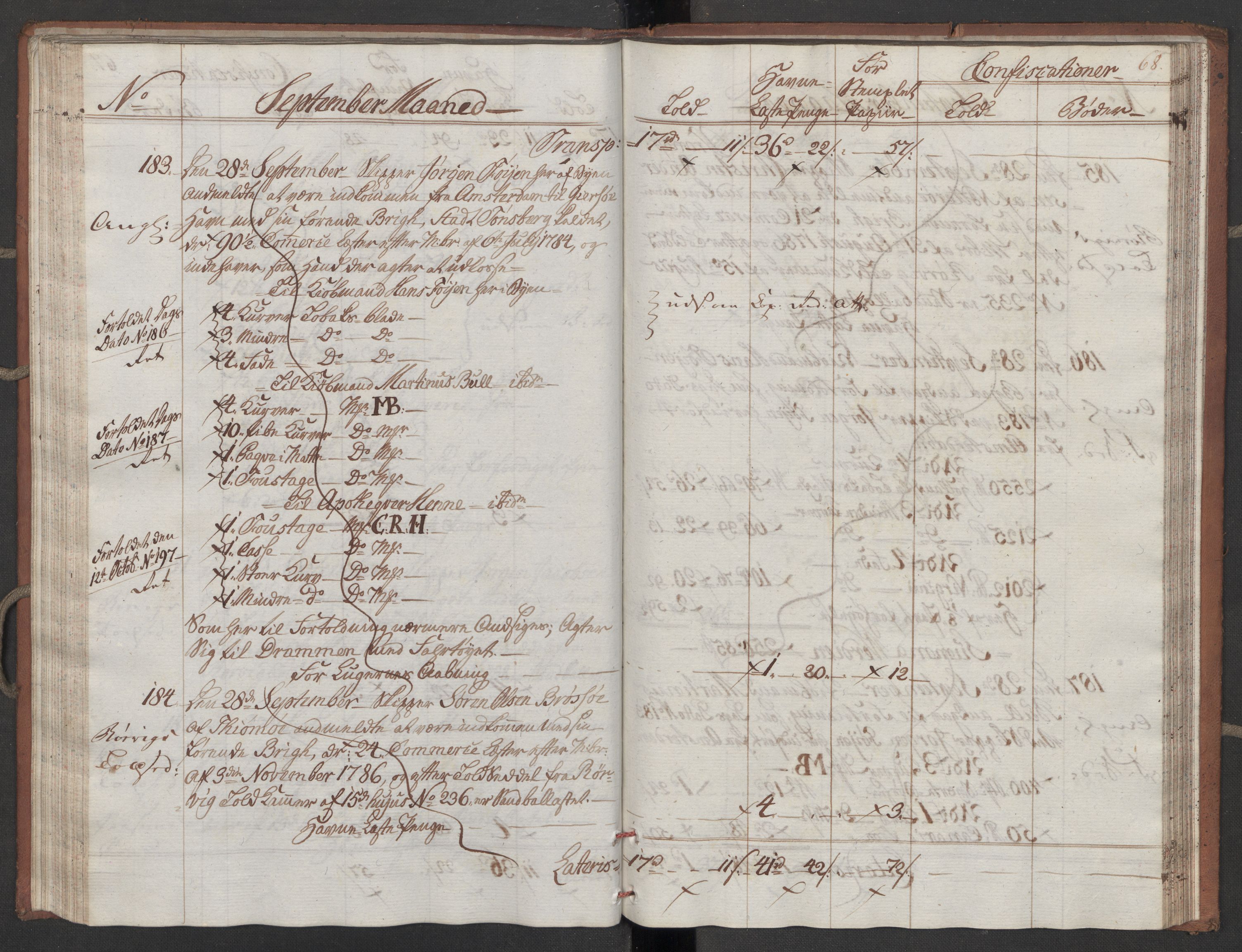 Generaltollkammeret, tollregnskaper, AV/RA-EA-5490/R10/L0052/0001: Tollregnskaper Tønsberg / Inngående tollbok, 1790, p. 67b-68a