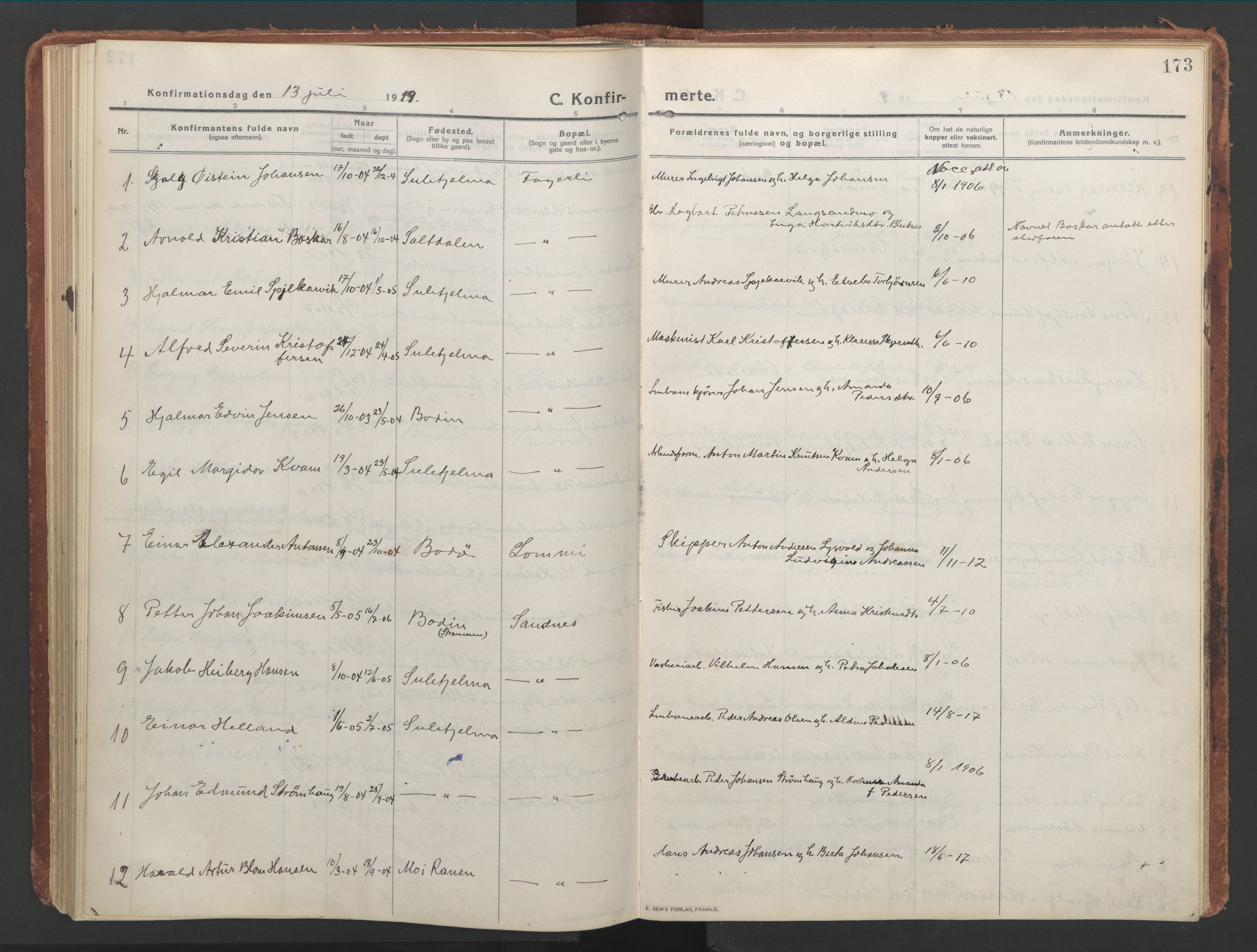 Ministerialprotokoller, klokkerbøker og fødselsregistre - Nordland, AV/SAT-A-1459/850/L0715: Curate's parish register no. 850B05, 1913-1924, p. 173