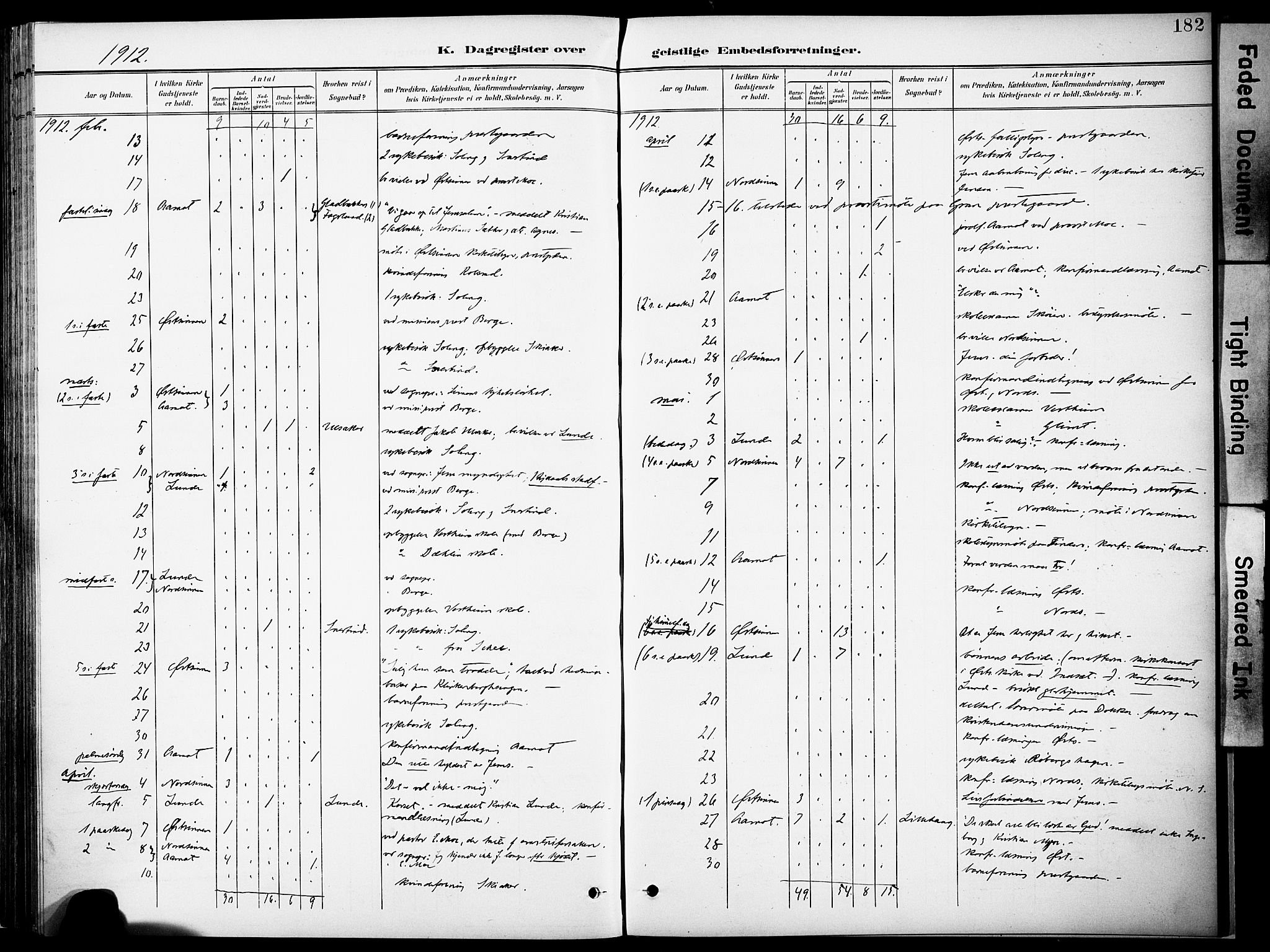 Nordre Land prestekontor, SAH/PREST-124/H/Ha/Haa/L0006: Parish register (official) no. 6, 1897-1914, p. 182