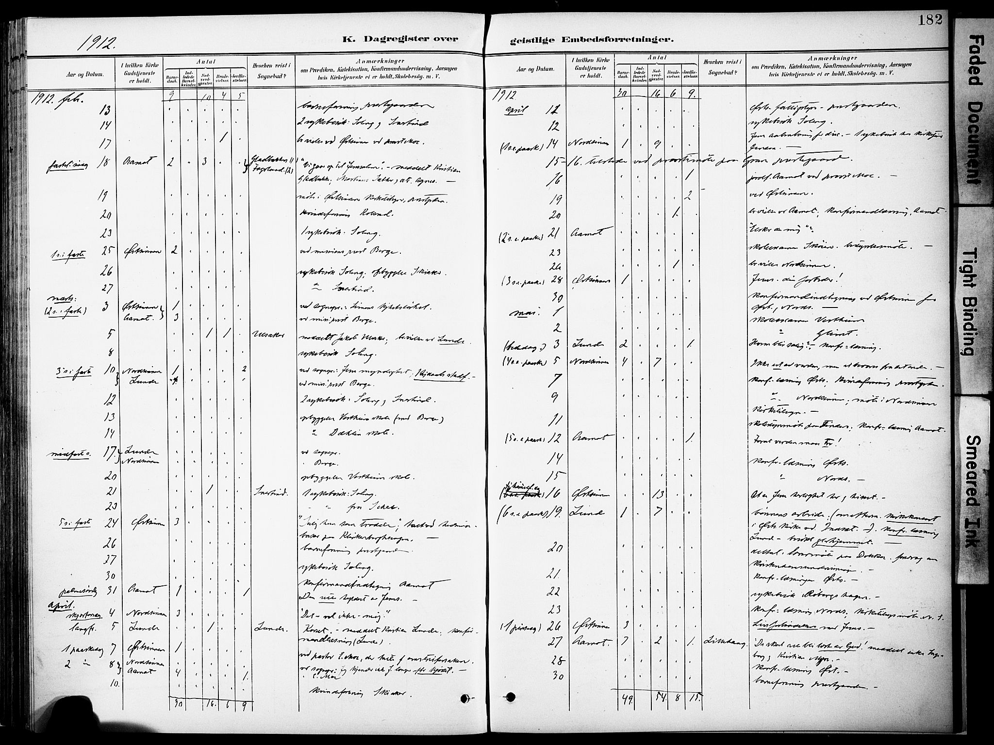 Nordre Land prestekontor, AV/SAH-PREST-124/H/Ha/Haa/L0006: Parish register (official) no. 6, 1897-1914, p. 182