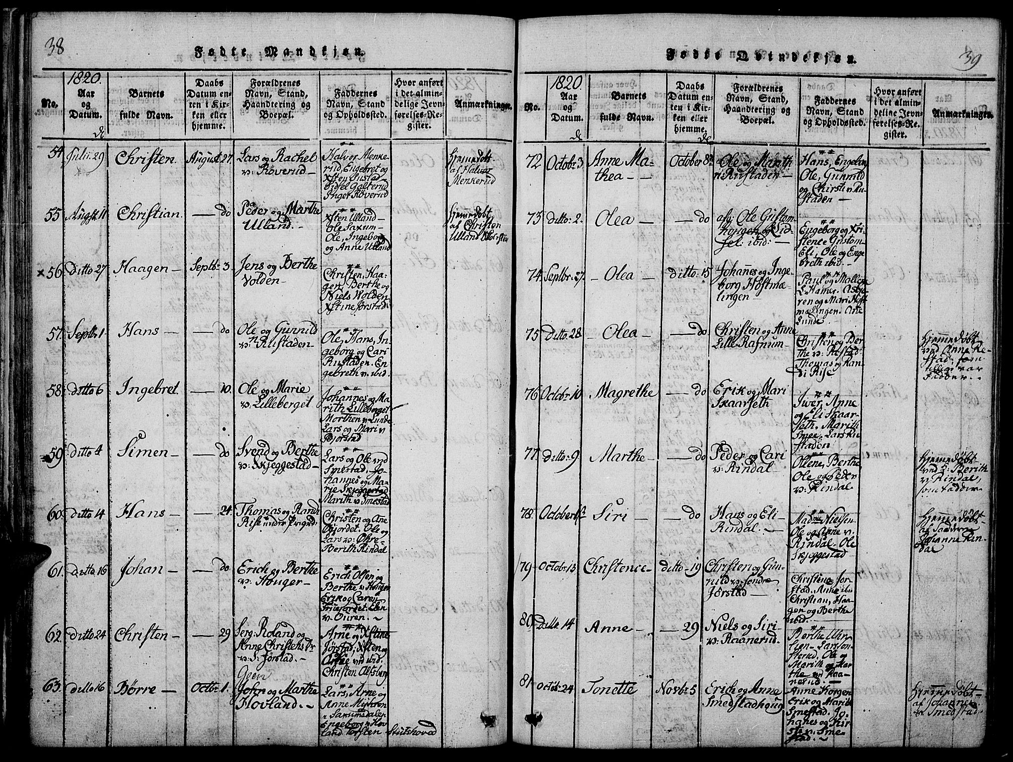 Fåberg prestekontor, AV/SAH-PREST-086/H/Ha/Haa/L0003: Parish register (official) no. 3, 1818-1833, p. 38-39