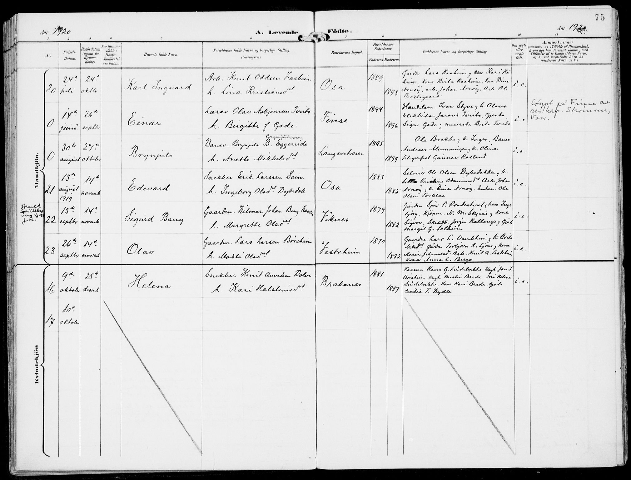 Ulvik sokneprestembete, AV/SAB-A-78801/H/Haa: Parish register (official) no. B  2, 1898-1924, p. 75