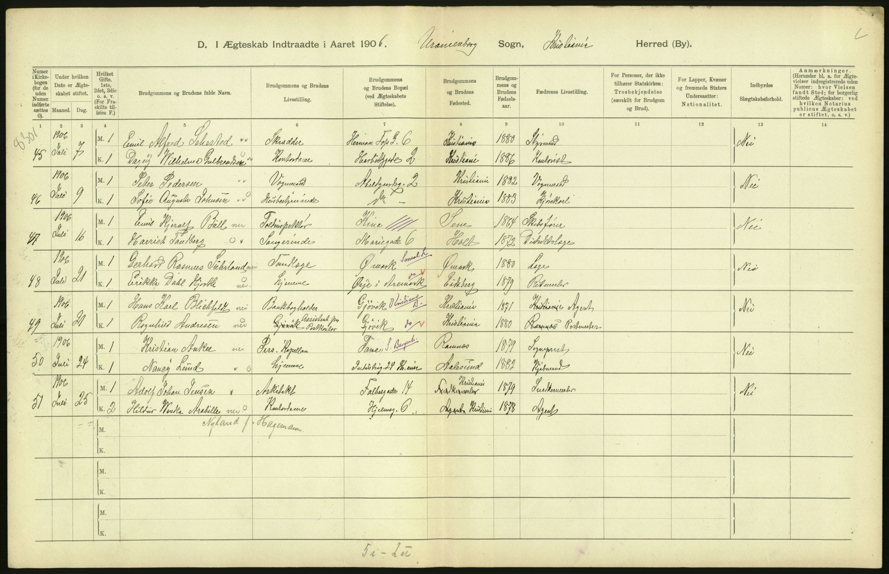 Statistisk sentralbyrå, Sosiodemografiske emner, Befolkning, AV/RA-S-2228/D/Df/Dfa/Dfad/L0008: Kristiania: Gifte, 1906, p. 470