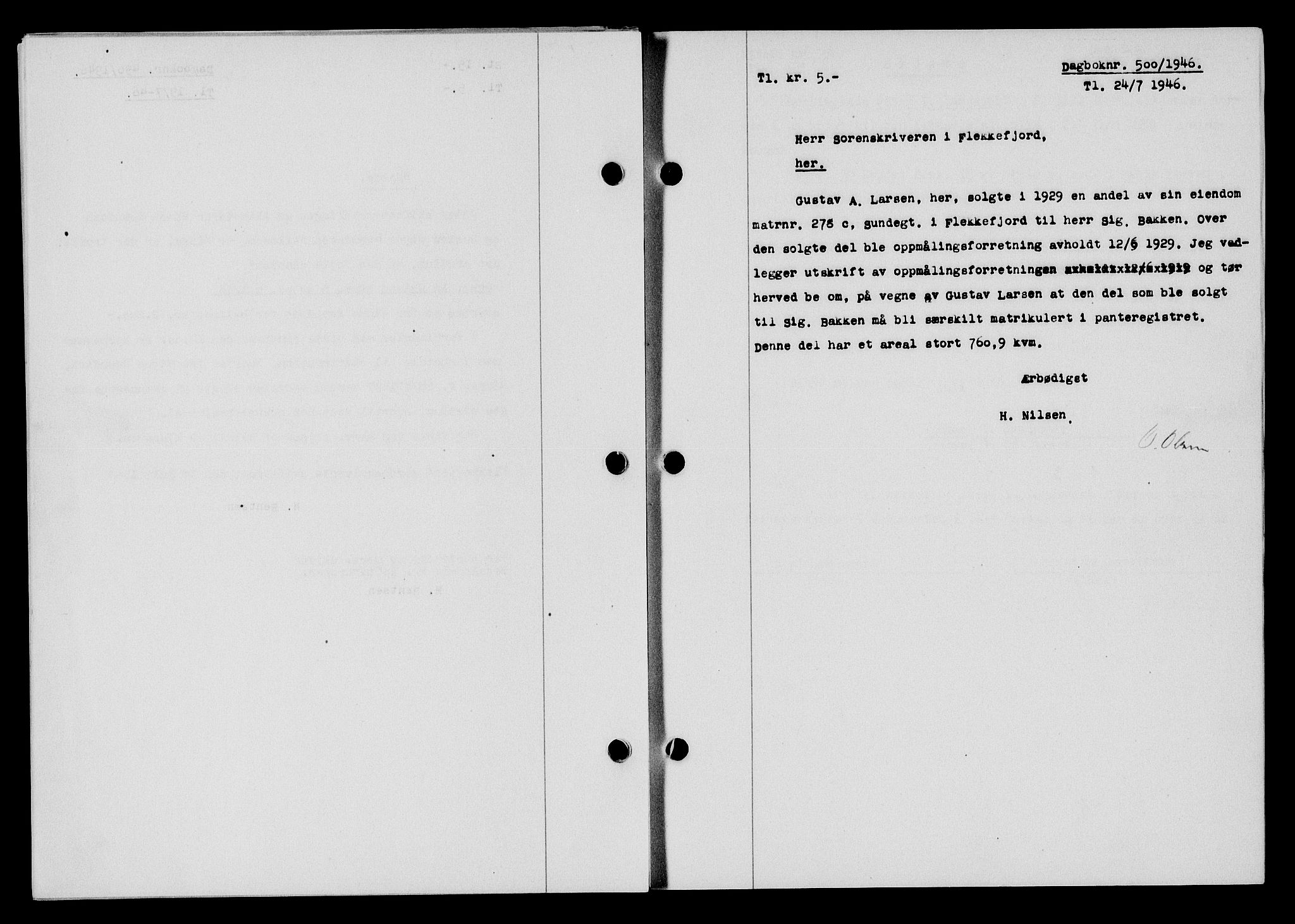 Flekkefjord sorenskriveri, AV/SAK-1221-0001/G/Gb/Gba/L0060: Mortgage book no. A-8, 1945-1946, Diary no: : 500/1946