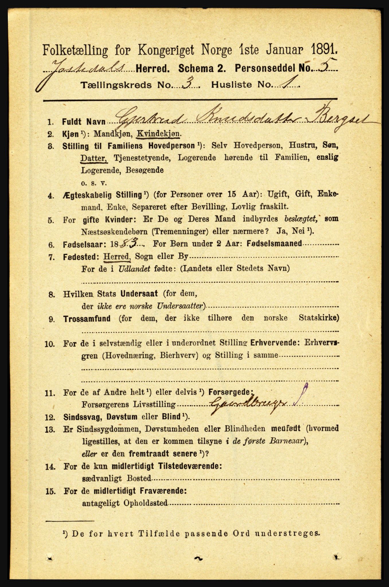 RA, 1891 census for 1427 Jostedal, 1891, p. 899