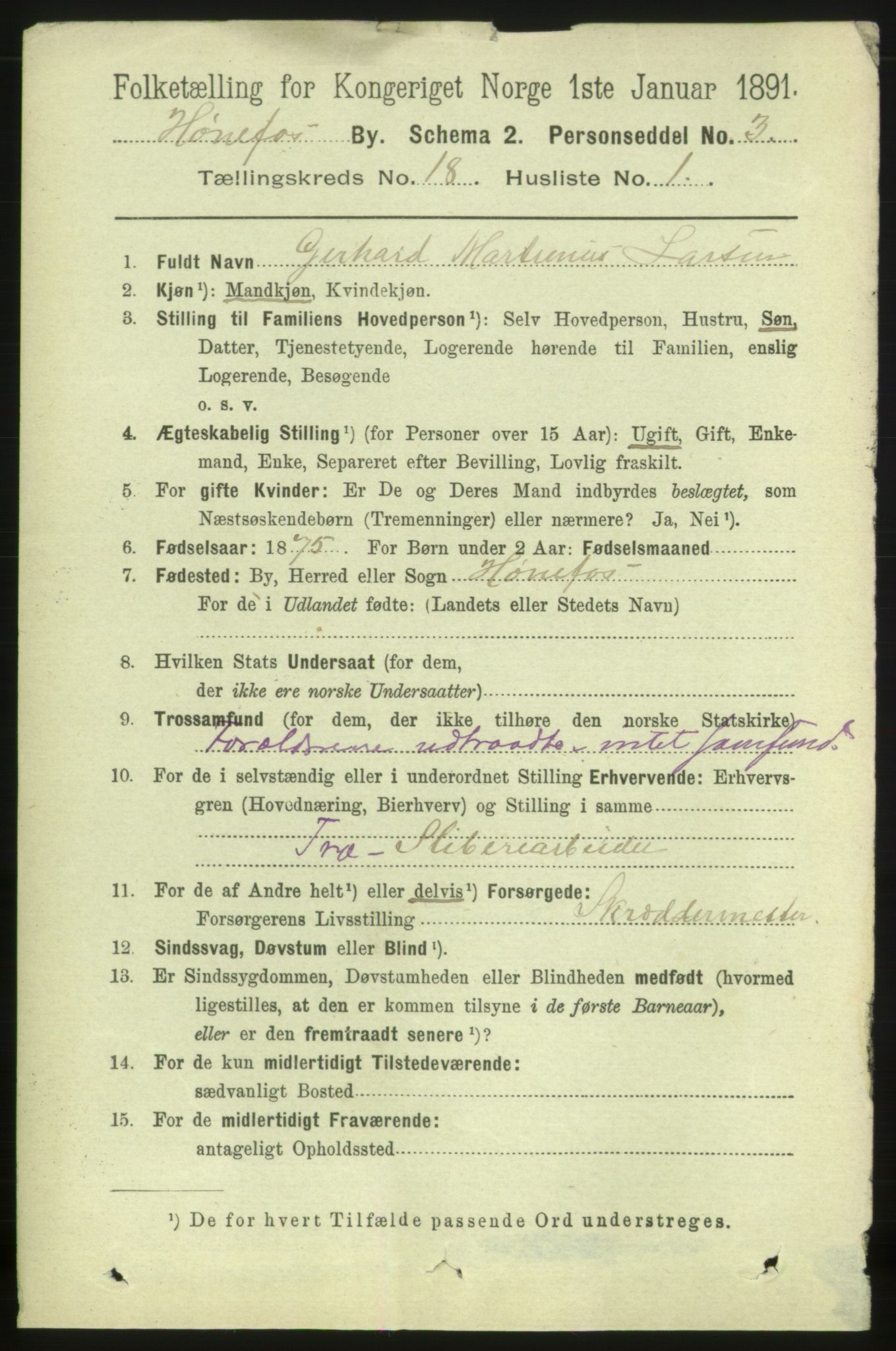 RA, 1891 census for 0601 Hønefoss, 1891, p. 1951