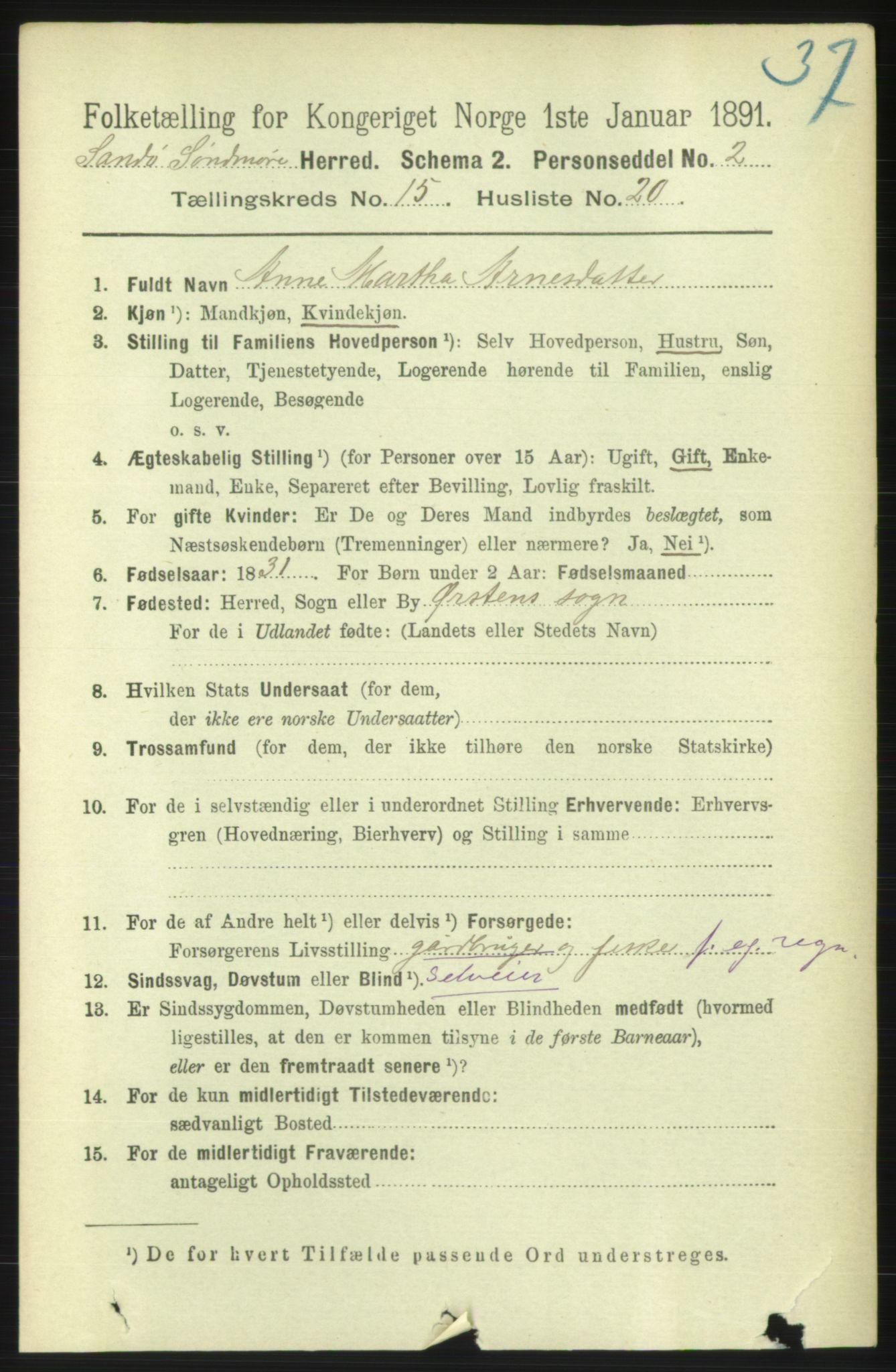 RA, 1891 census for 1514 Sande, 1891, p. 3135