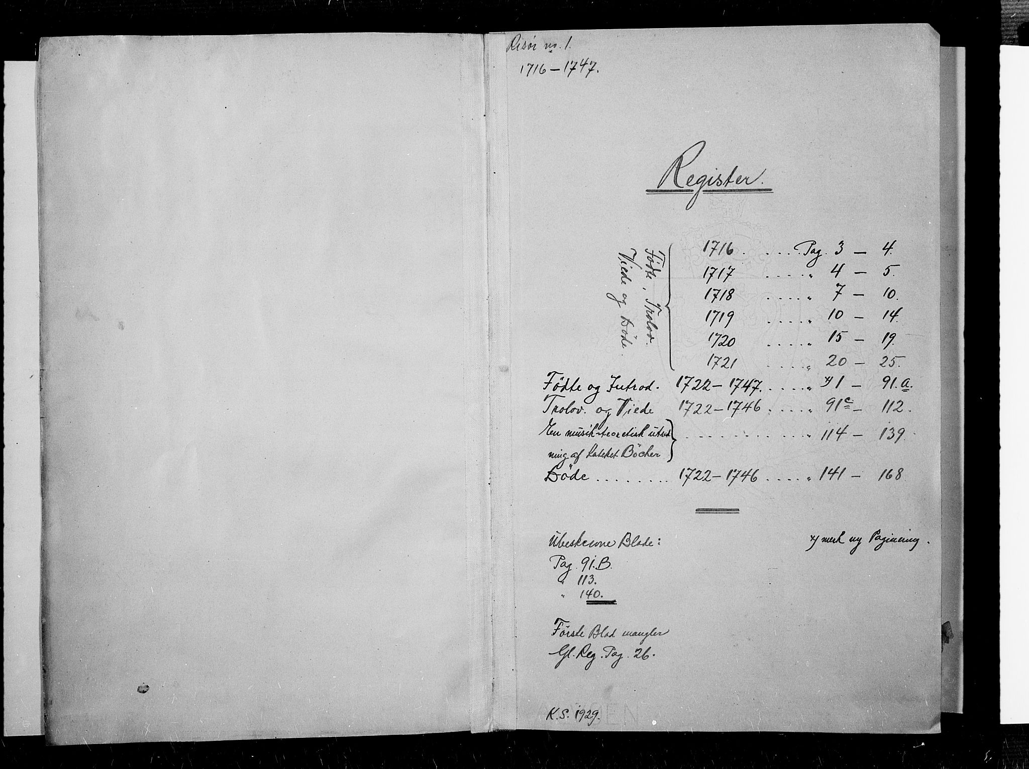 Risør sokneprestkontor, AV/SAK-1111-0035/F/Fb/L0001: Parish register (copy) no. B 1, 1716-1747