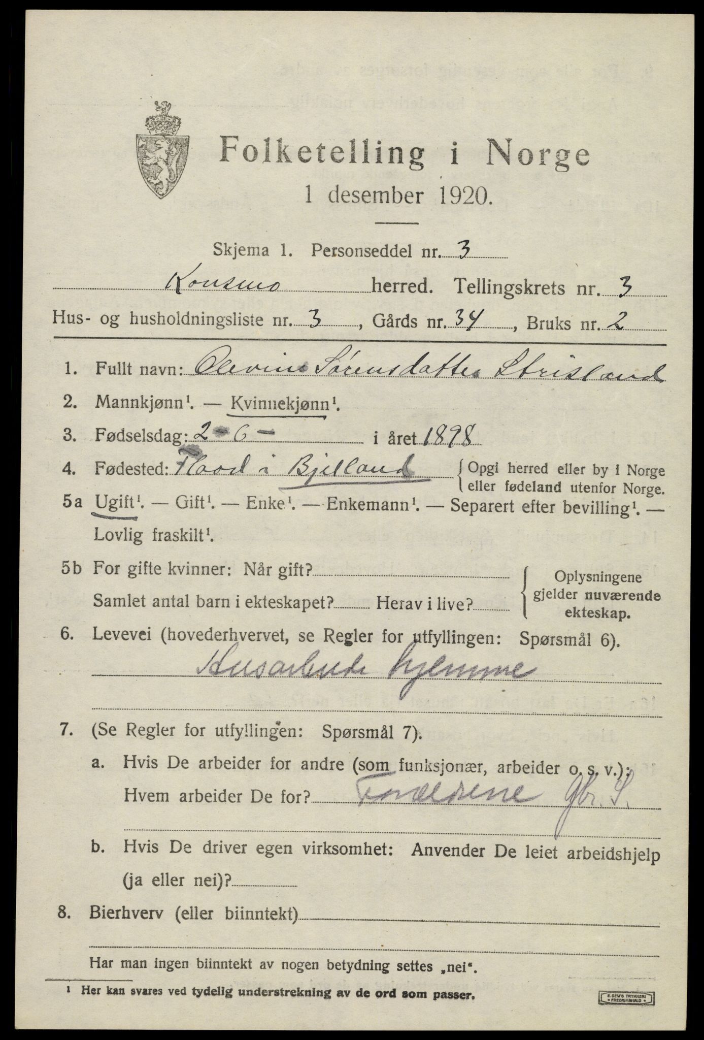 SAK, 1920 census for Konsmo, 1920, p. 1148
