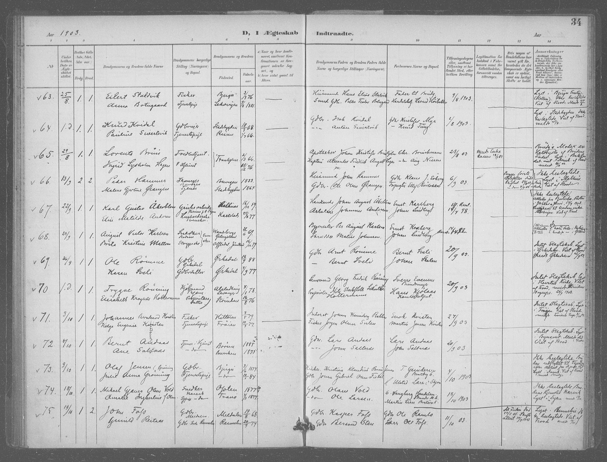 Ministerialprotokoller, klokkerbøker og fødselsregistre - Sør-Trøndelag, AV/SAT-A-1456/601/L0077: Curate's parish register no. 601B10, 1900-1907, p. 34