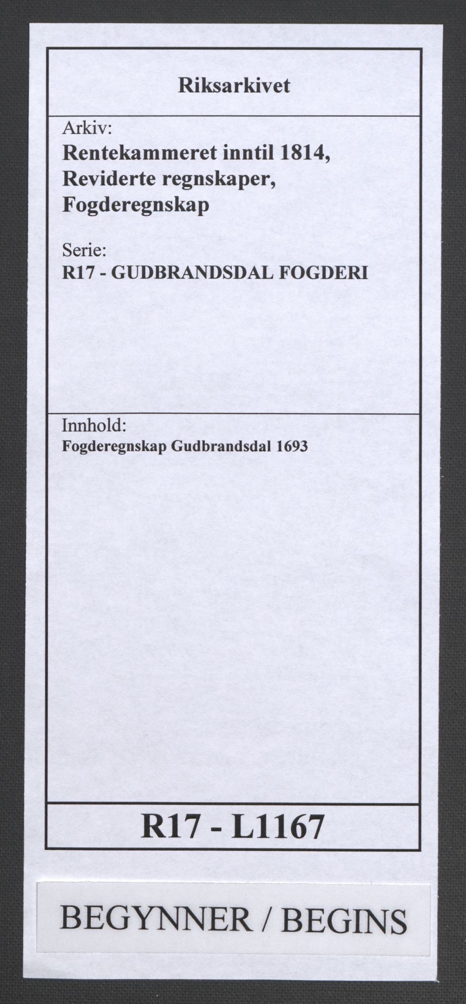 Rentekammeret inntil 1814, Reviderte regnskaper, Fogderegnskap, RA/EA-4092/R17/L1167: Fogderegnskap Gudbrandsdal, 1693, p. 1