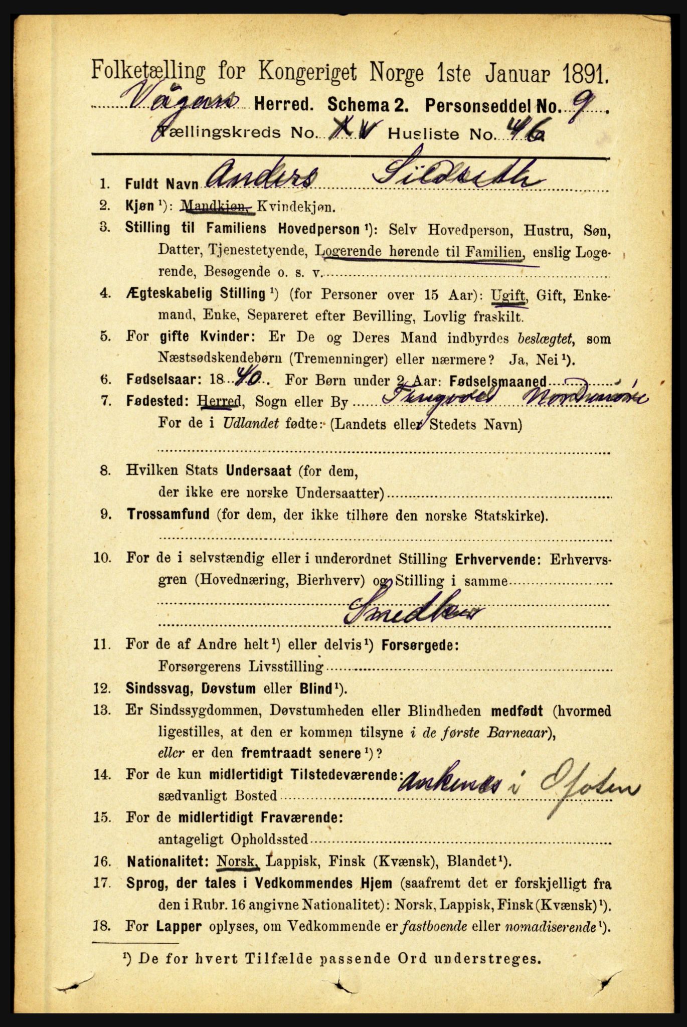 RA, 1891 census for 1865 Vågan, 1891, p. 4487