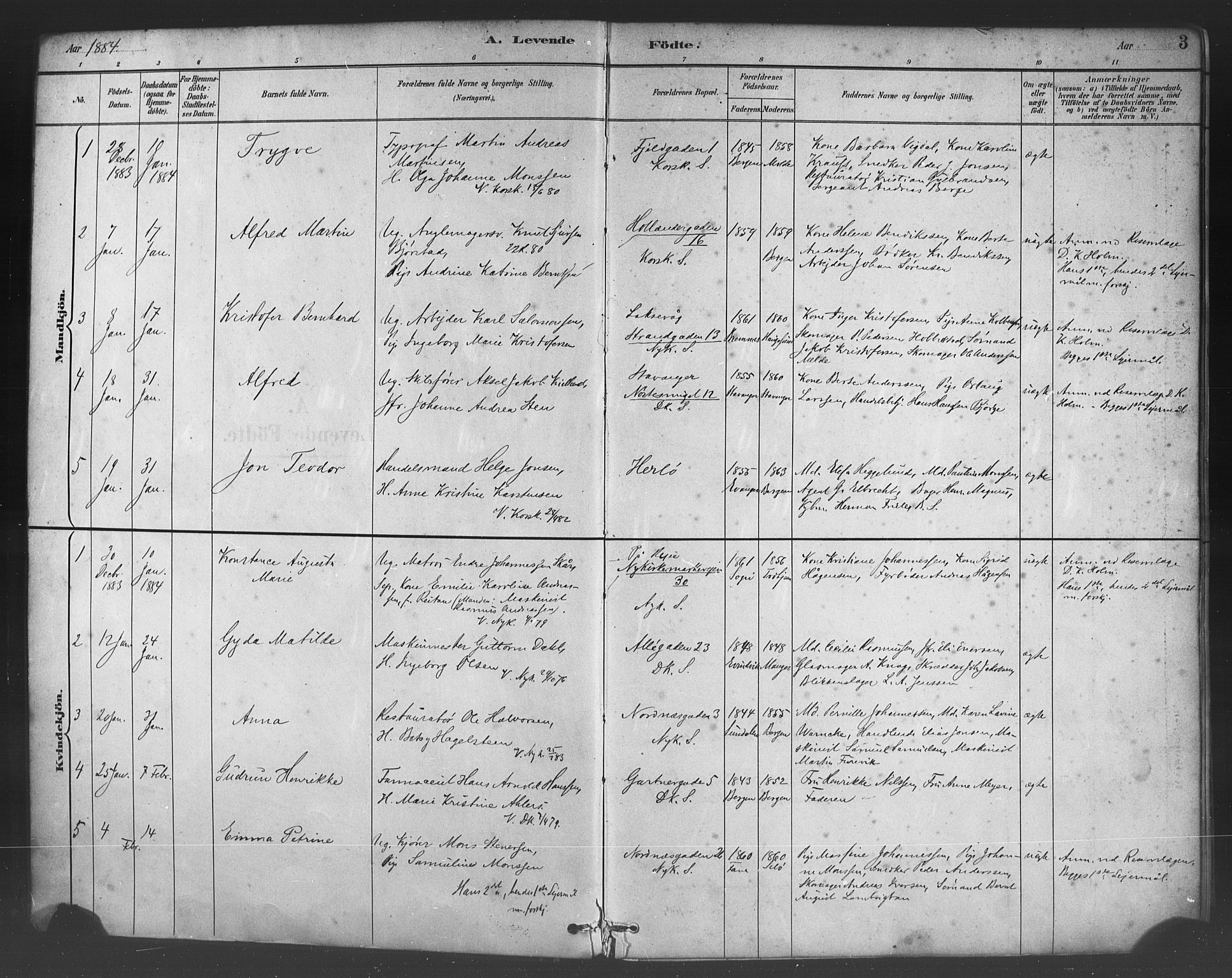 Fødselsstiftelsens sokneprestembete*, SAB/-: Parish register (official) no. A 2, 1884-1900, p. 3