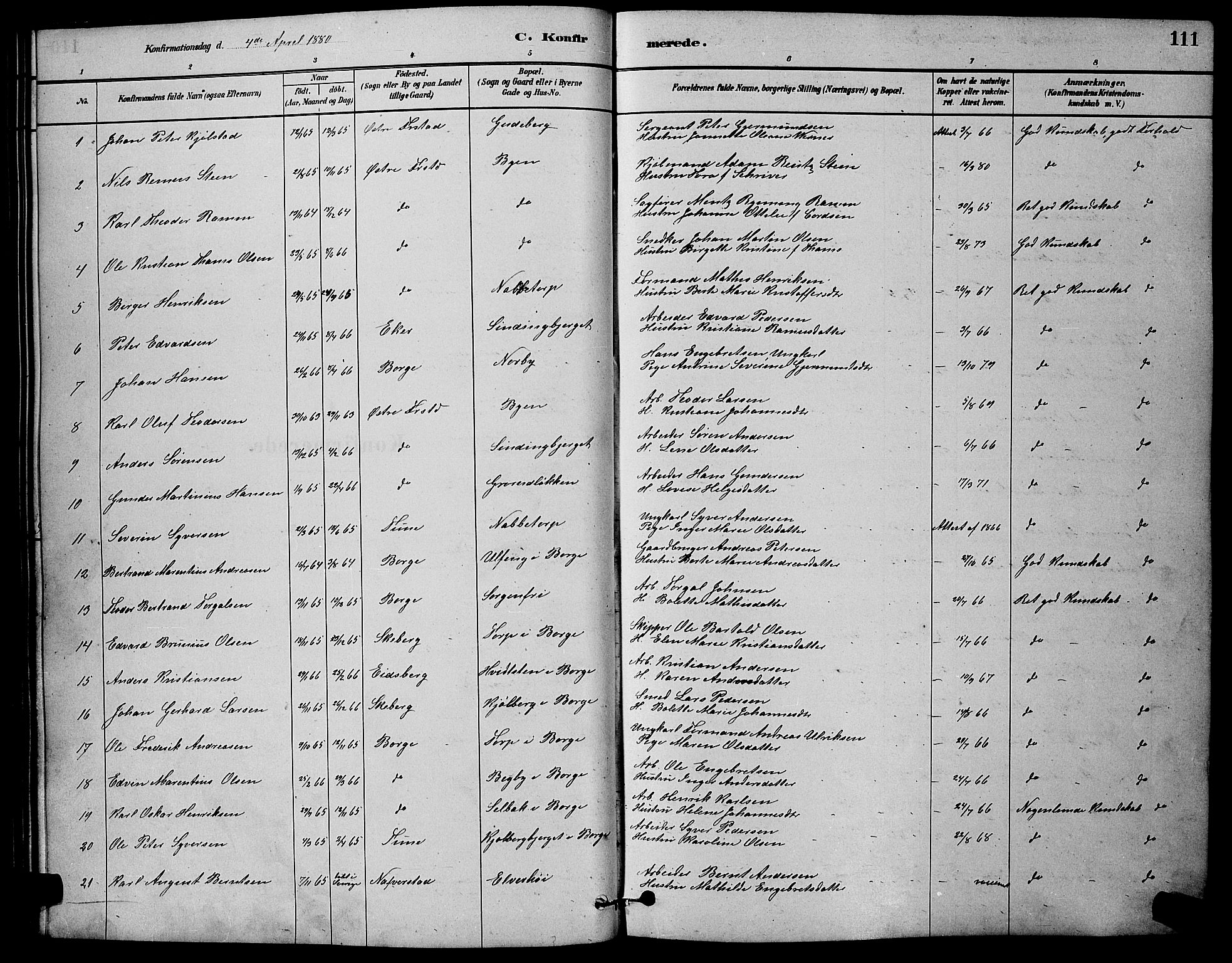 Østre Fredrikstad prestekontor Kirkebøker, SAO/A-10907/G/Ga/L0001: Parish register (copy) no. 1, 1880-1899, p. 111