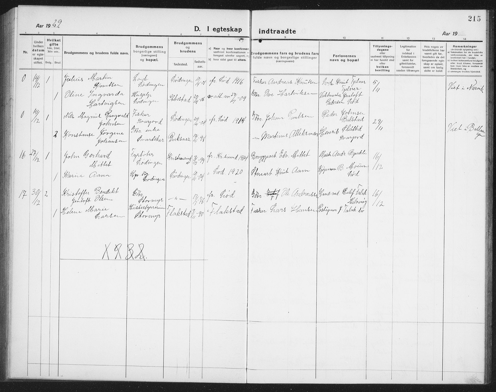 Ministerialprotokoller, klokkerbøker og fødselsregistre - Nordland, AV/SAT-A-1459/872/L1049: Parish register (copy) no. 872C05, 1920-1938, p. 215