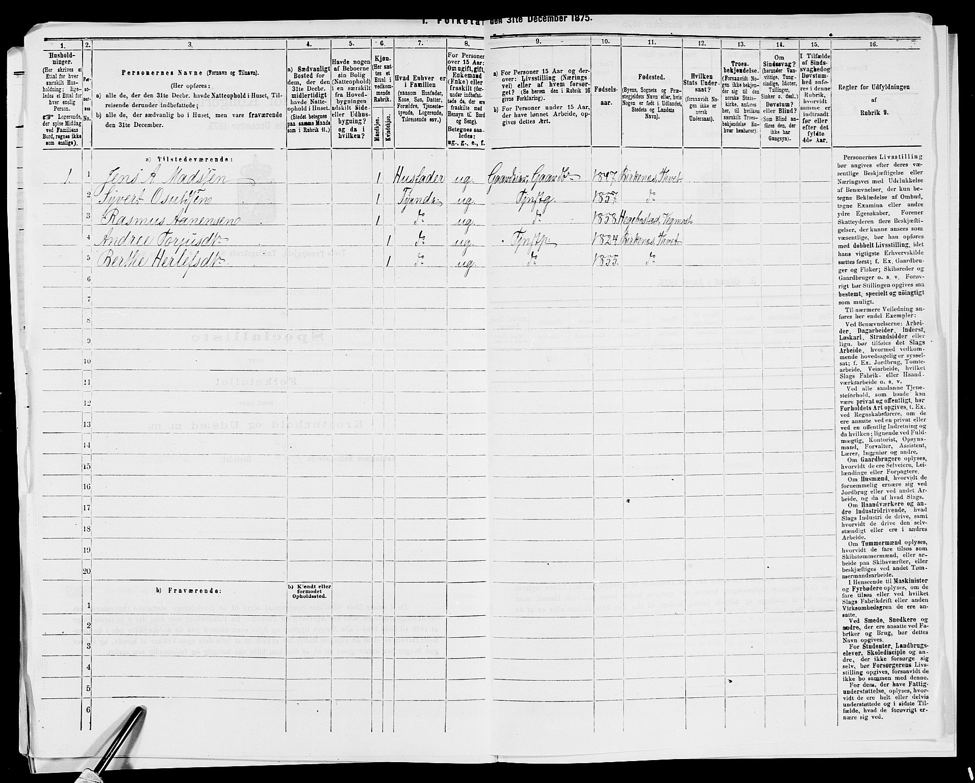 SAK, 1875 census for 1013P Tveit, 1875, p. 1099