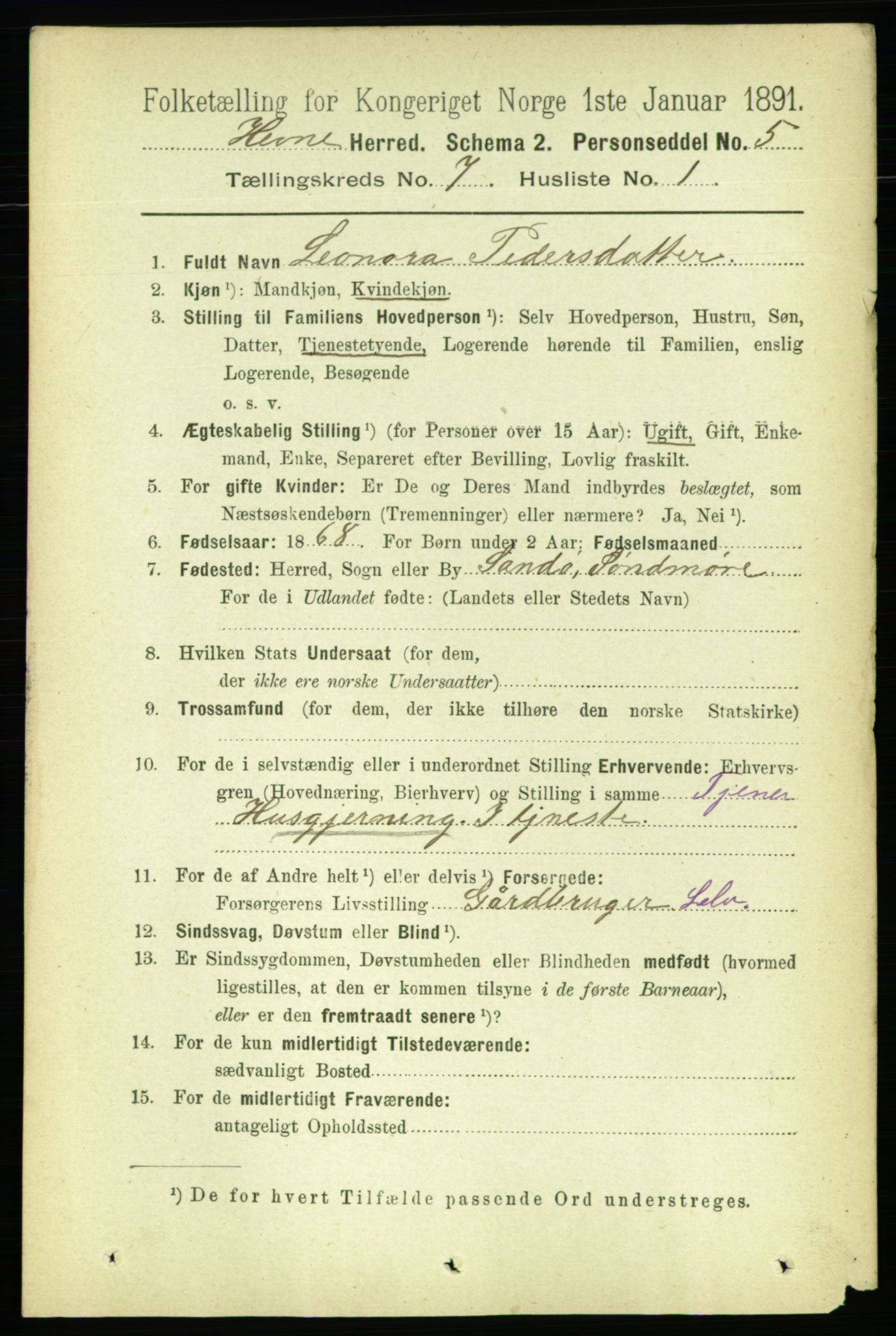 RA, 1891 census for 1612 Hemne, 1891, p. 4148