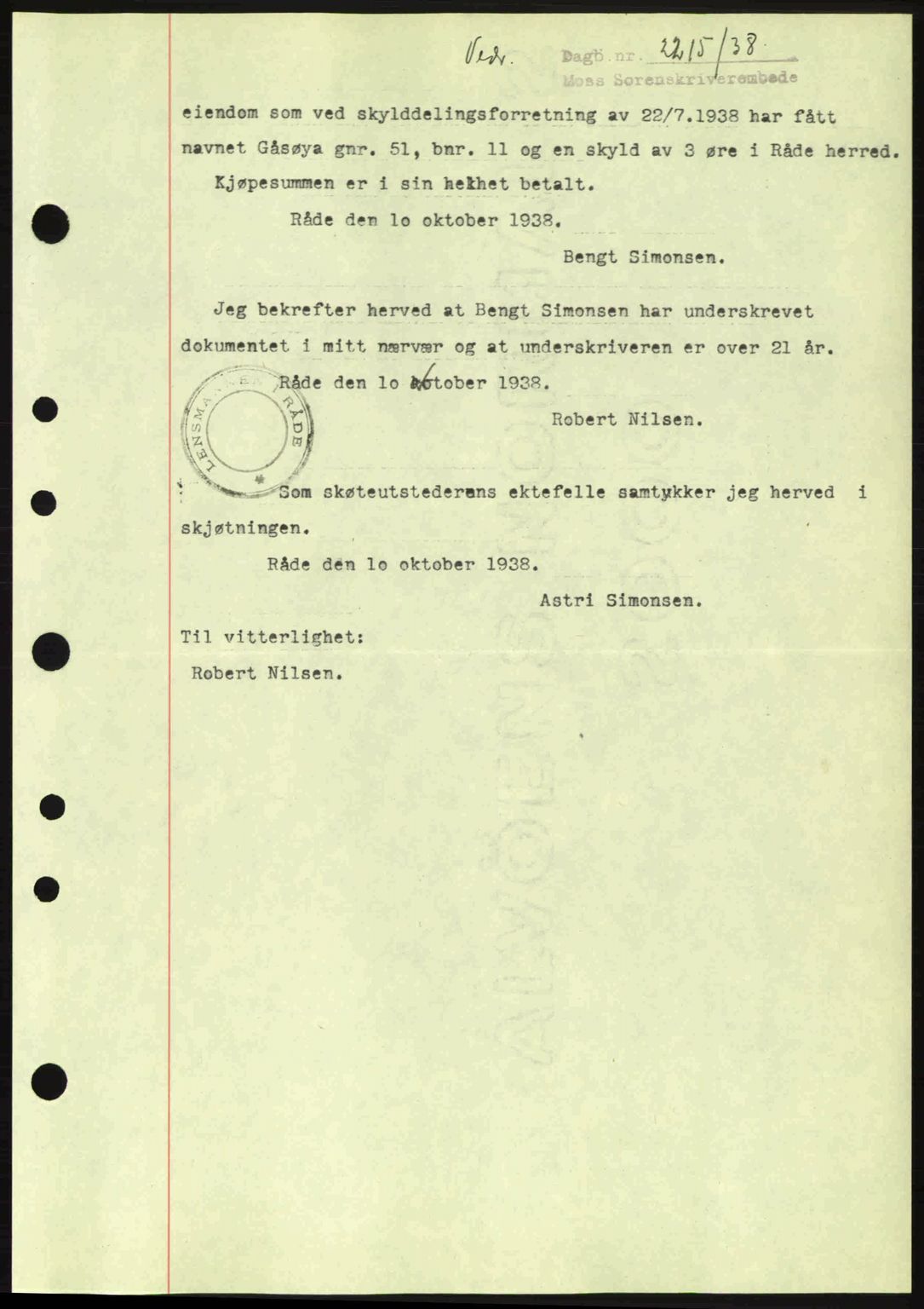 Moss sorenskriveri, SAO/A-10168: Mortgage book no. A5, 1938-1939, Diary no: : 2215/1938