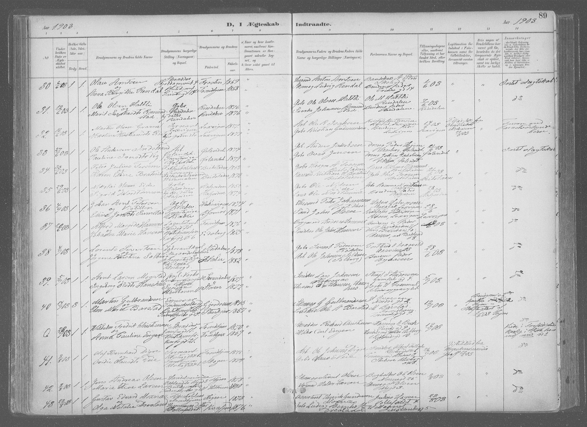 Ministerialprotokoller, klokkerbøker og fødselsregistre - Sør-Trøndelag, SAT/A-1456/601/L0064: Parish register (official) no. 601A31, 1891-1911, p. 89