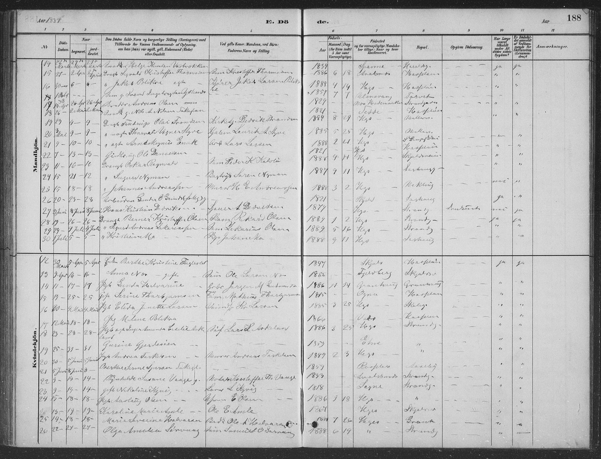 Haugesund sokneprestkontor, SAST/A -101863/H/Ha/Hab/L0002: Parish register (copy) no. B 2, 1881-1894, p. 188