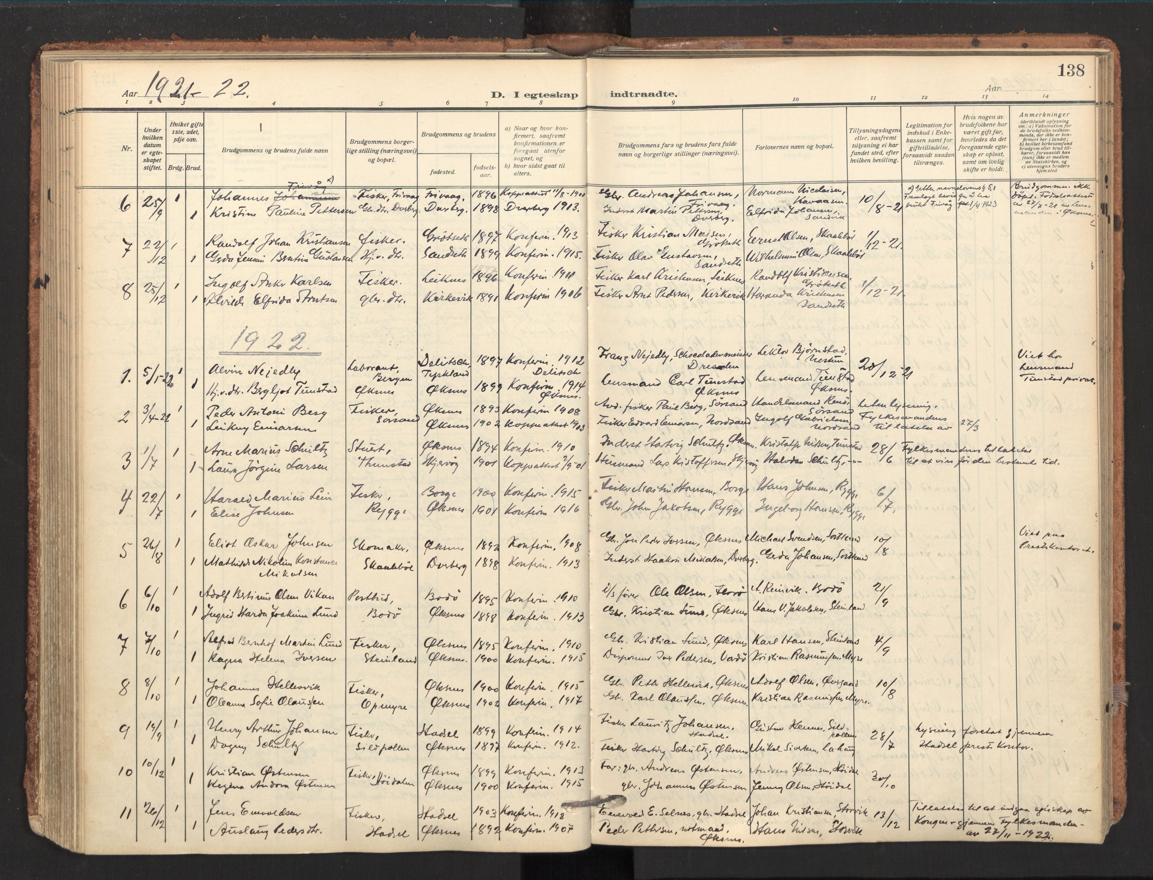 Ministerialprotokoller, klokkerbøker og fødselsregistre - Nordland, SAT/A-1459/893/L1343: Parish register (official) no. 893A15, 1914-1928, p. 138