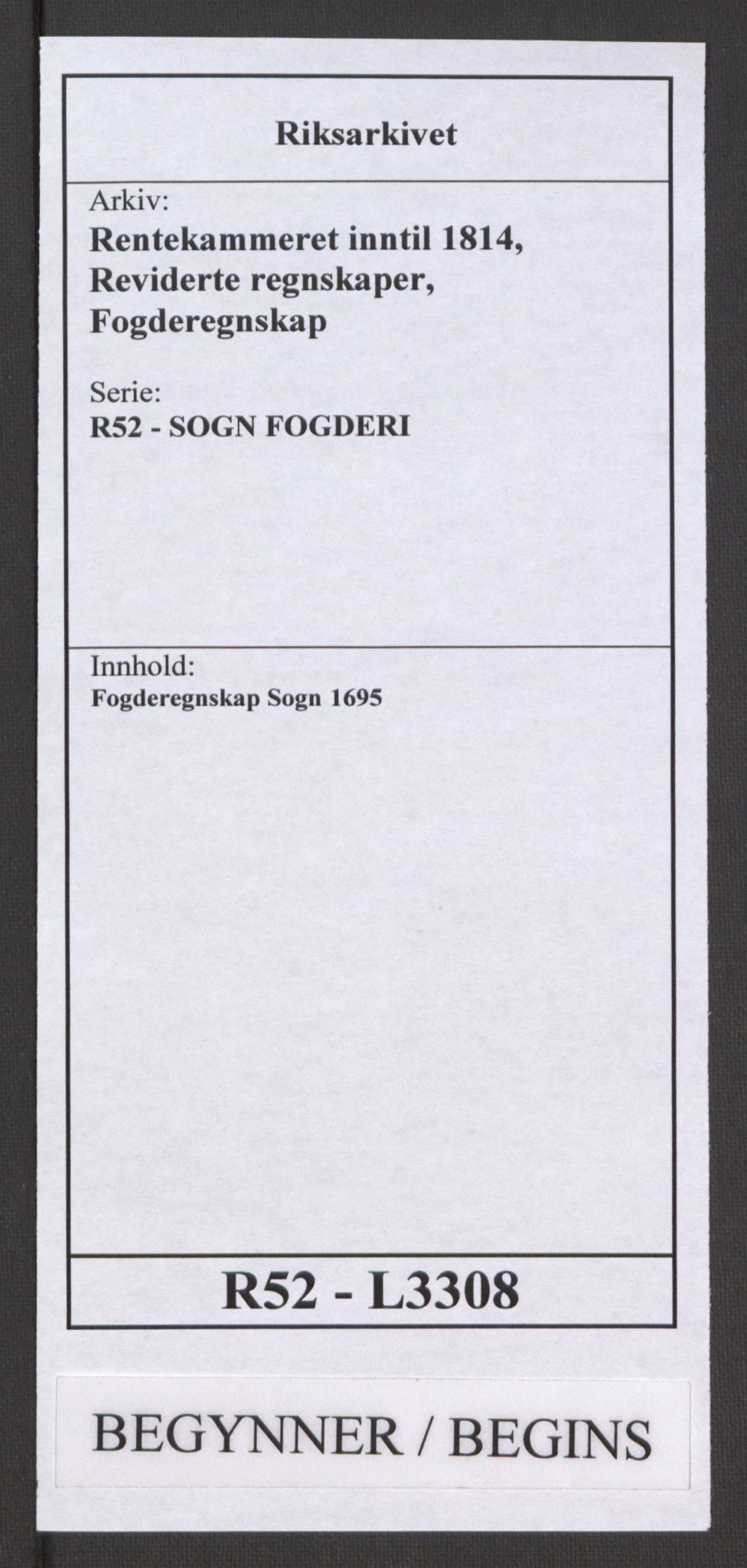 Rentekammeret inntil 1814, Reviderte regnskaper, Fogderegnskap, RA/EA-4092/R52/L3308: Fogderegnskap Sogn, 1695, p. 1