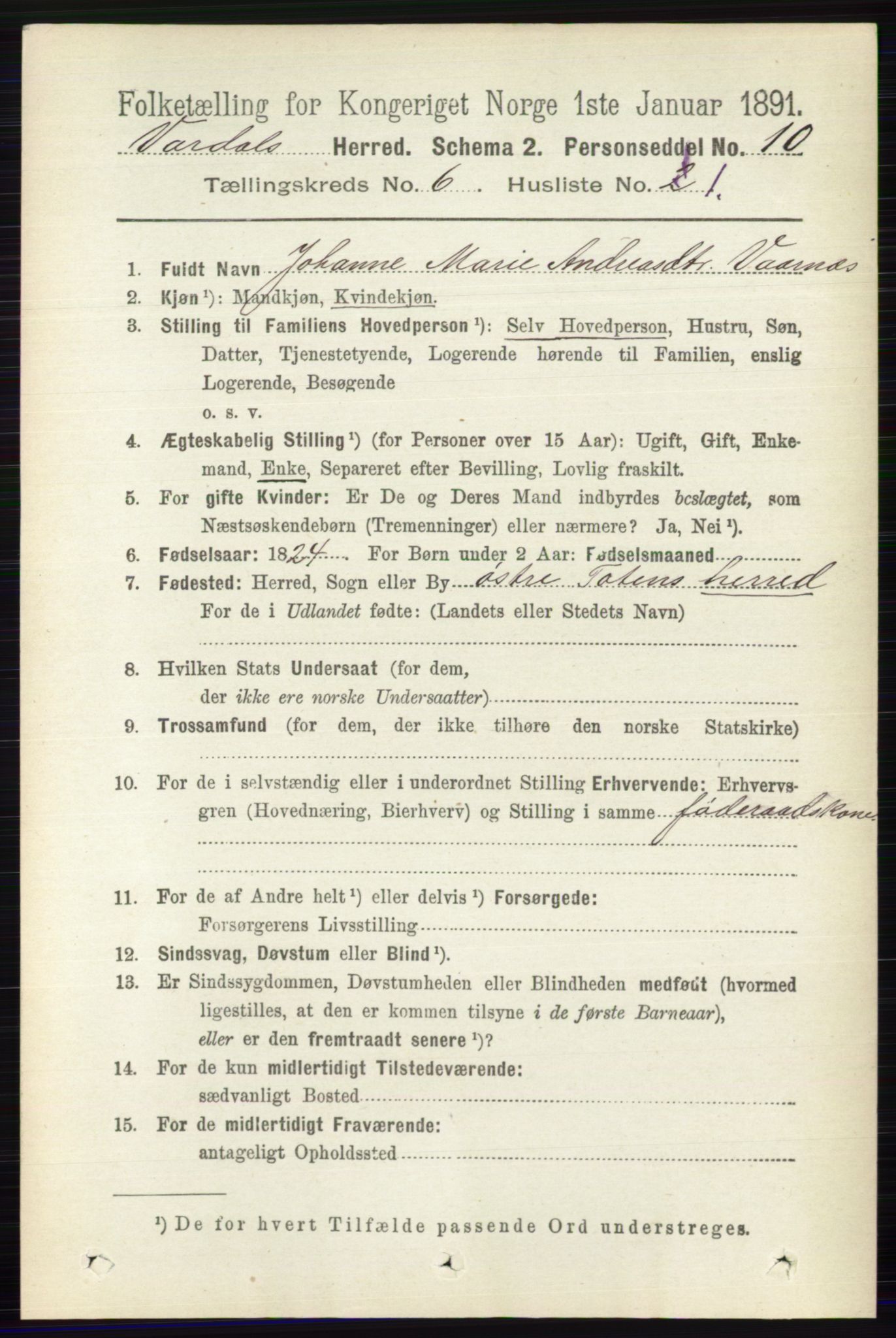 RA, 1891 census for 0527 Vardal, 1891, p. 2383