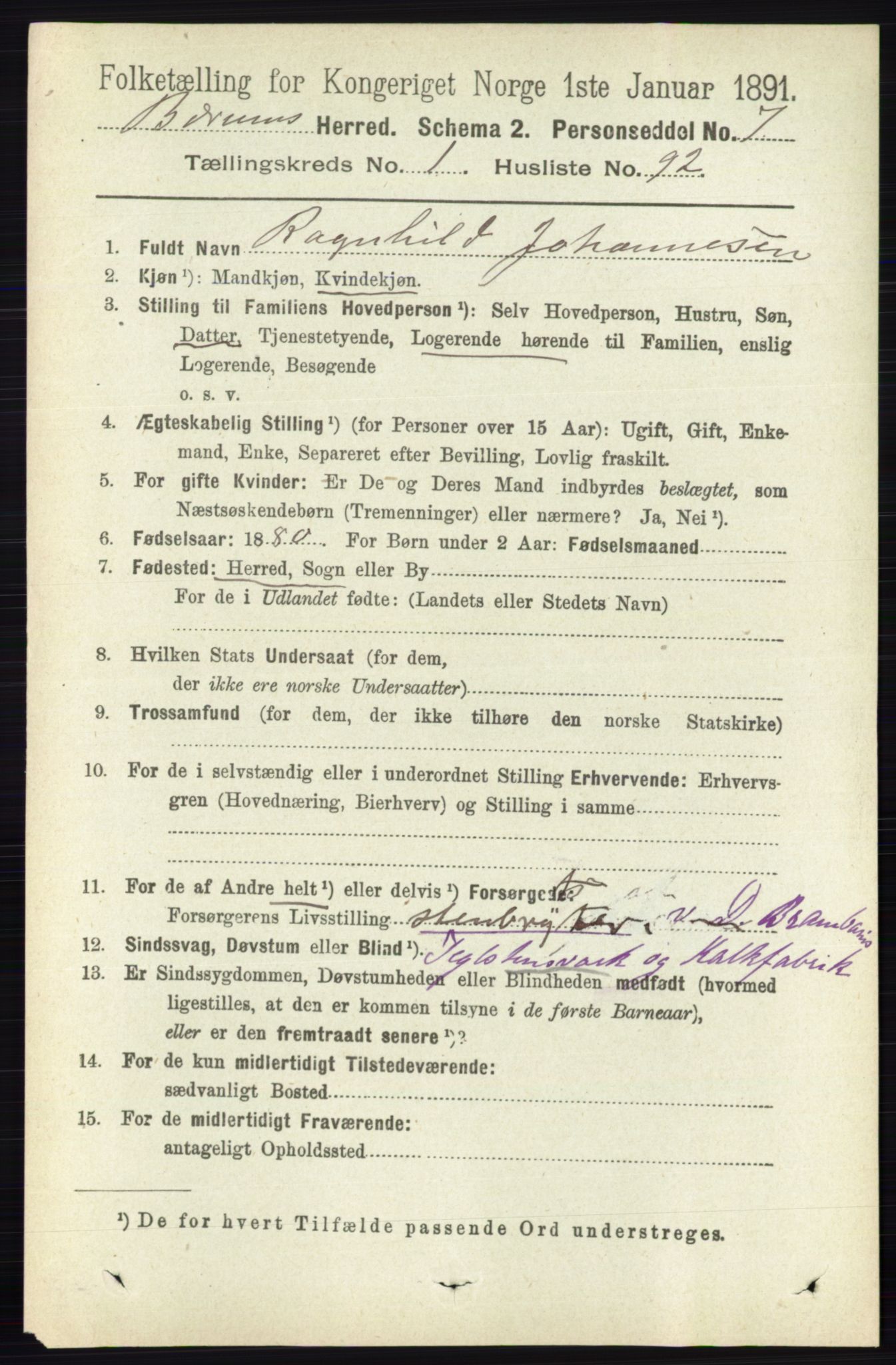 RA, 1891 census for 0219 Bærum, 1891, p. 939